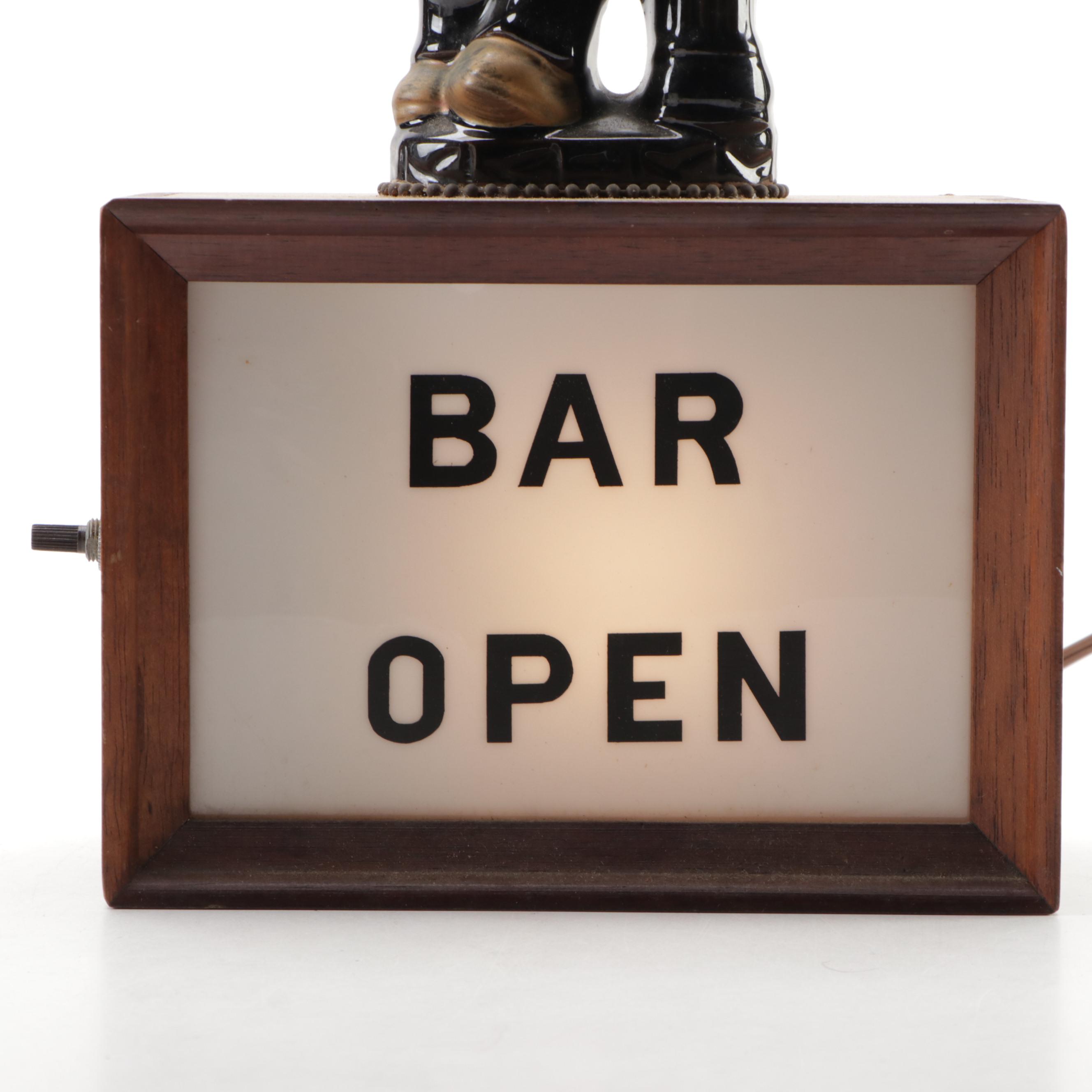 Ceramic and Wood Illuminating Drunk Hobo Bar Open Sign, Mid-20th Century