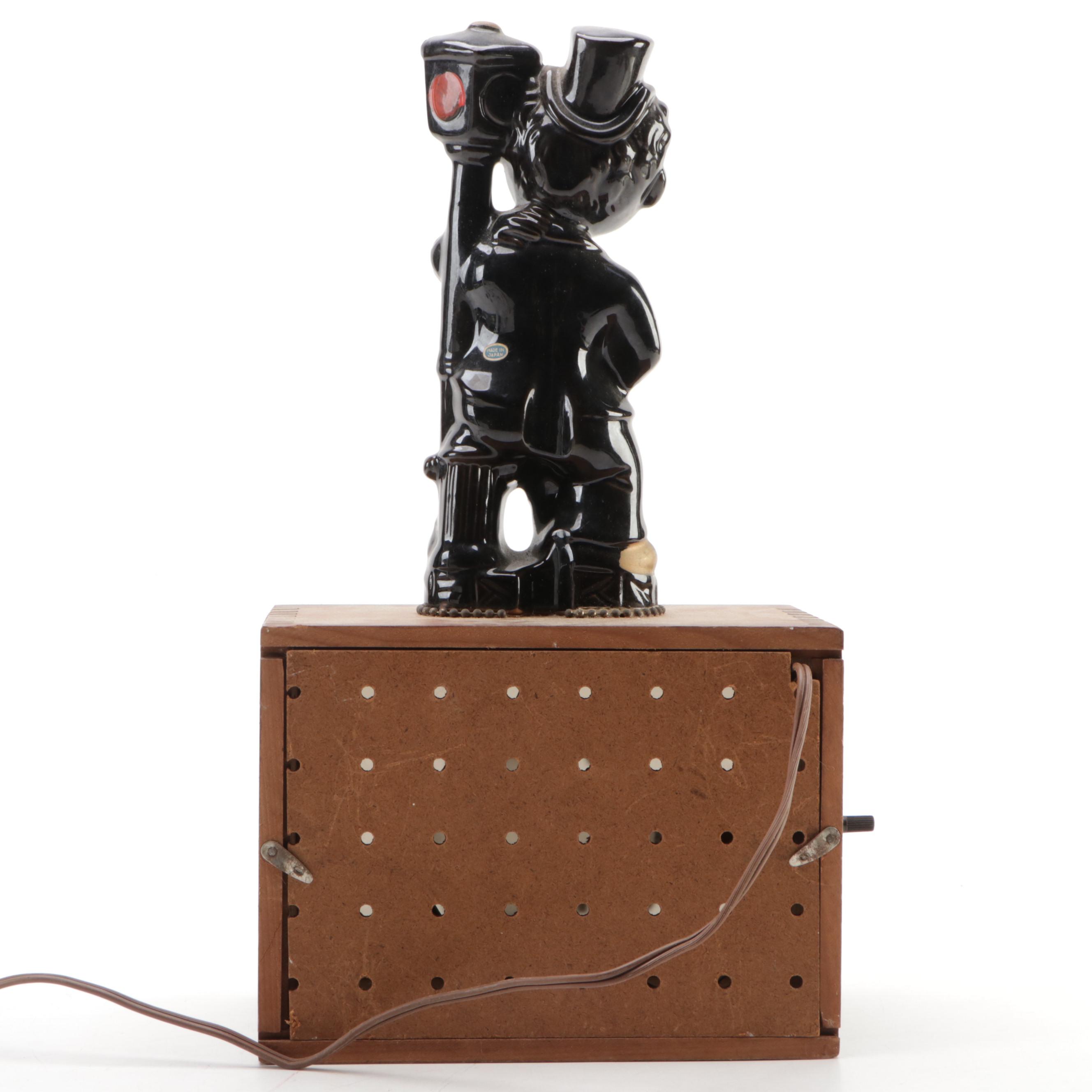 Ceramic and Wood Illuminating Drunk Hobo Bar Open Sign, Mid-20th Century