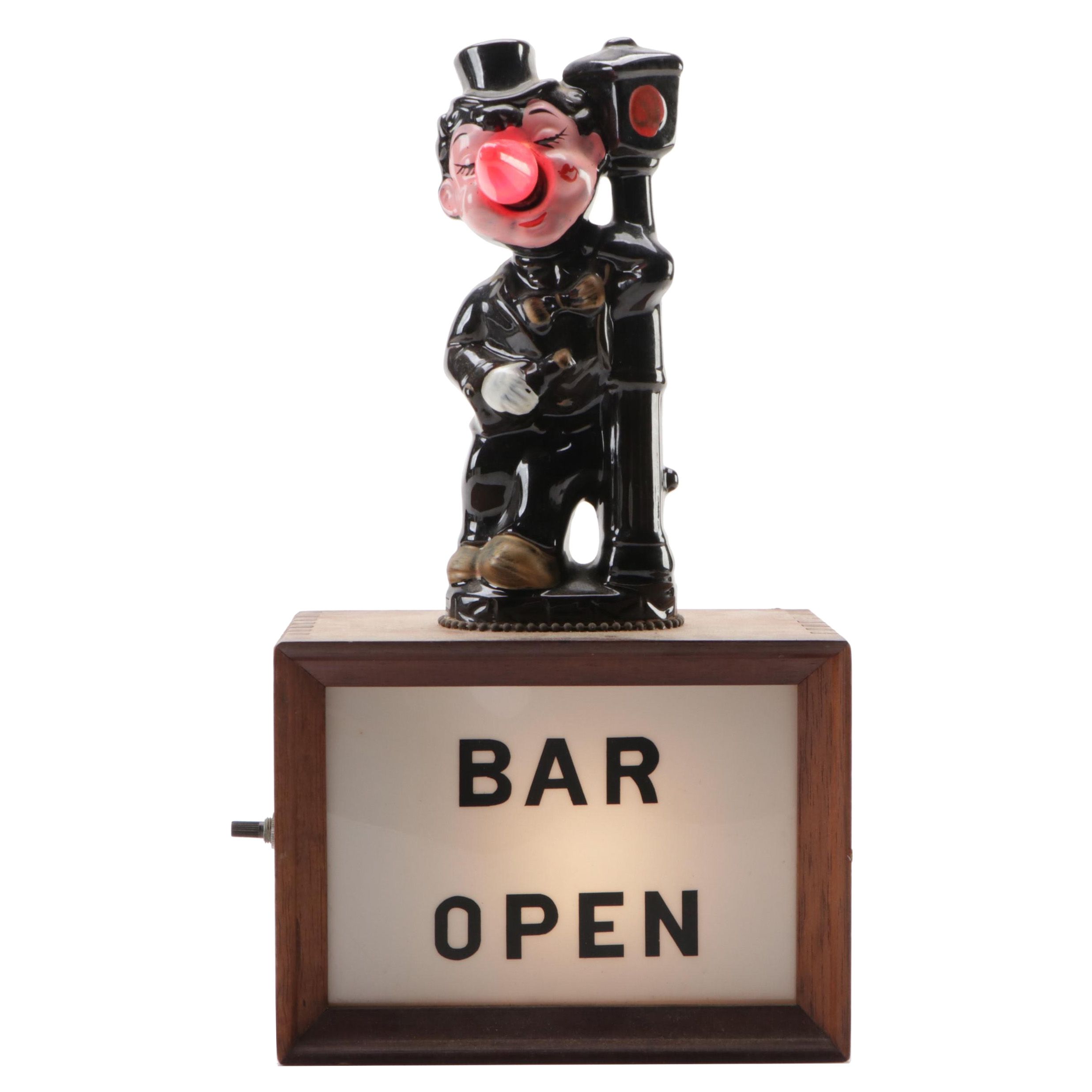 Ceramic and Wood Illuminating Drunk Hobo Bar Open Sign, Mid-20th Century