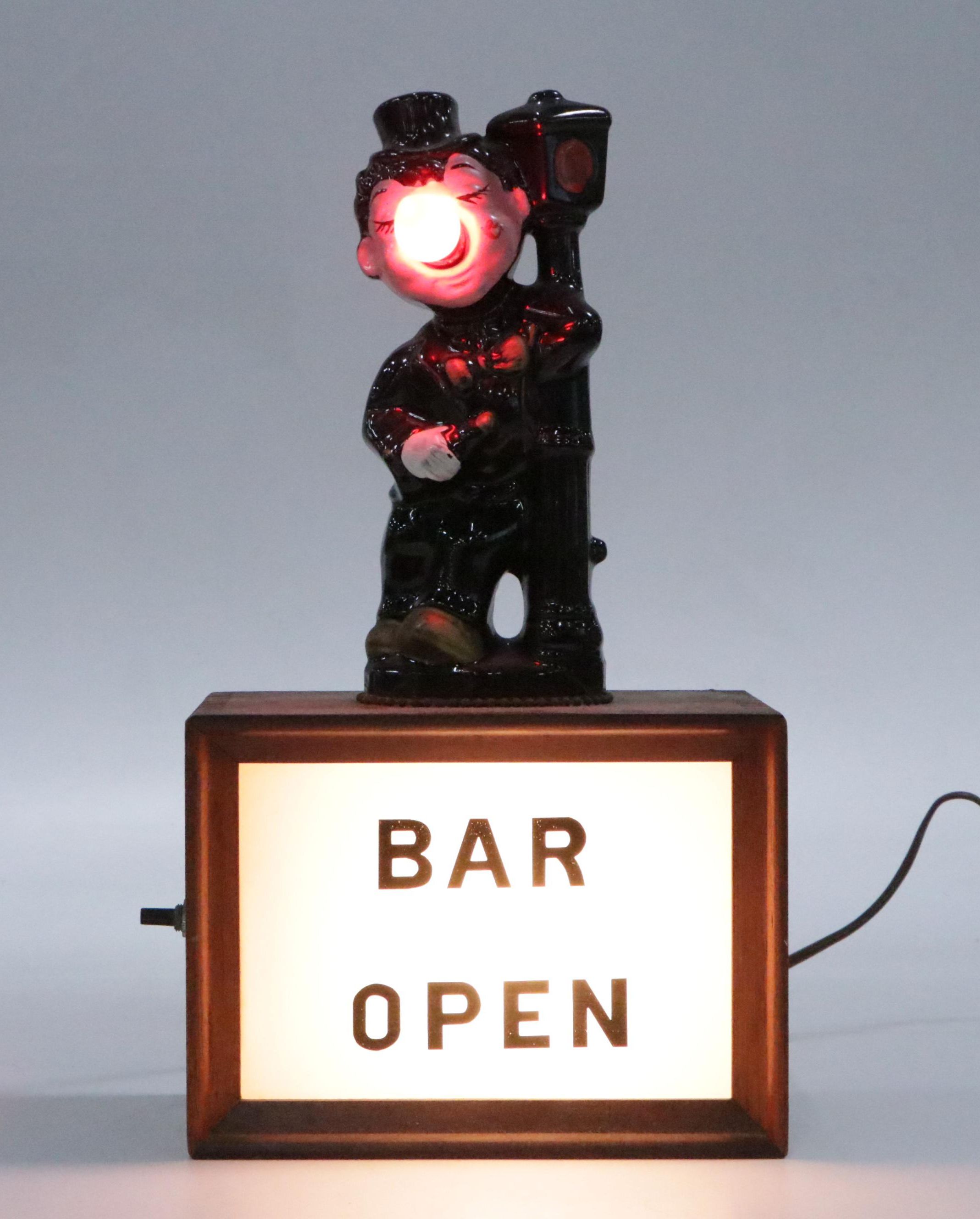Ceramic and Wood Illuminating Drunk Hobo Bar Open Sign, Mid-20th Century