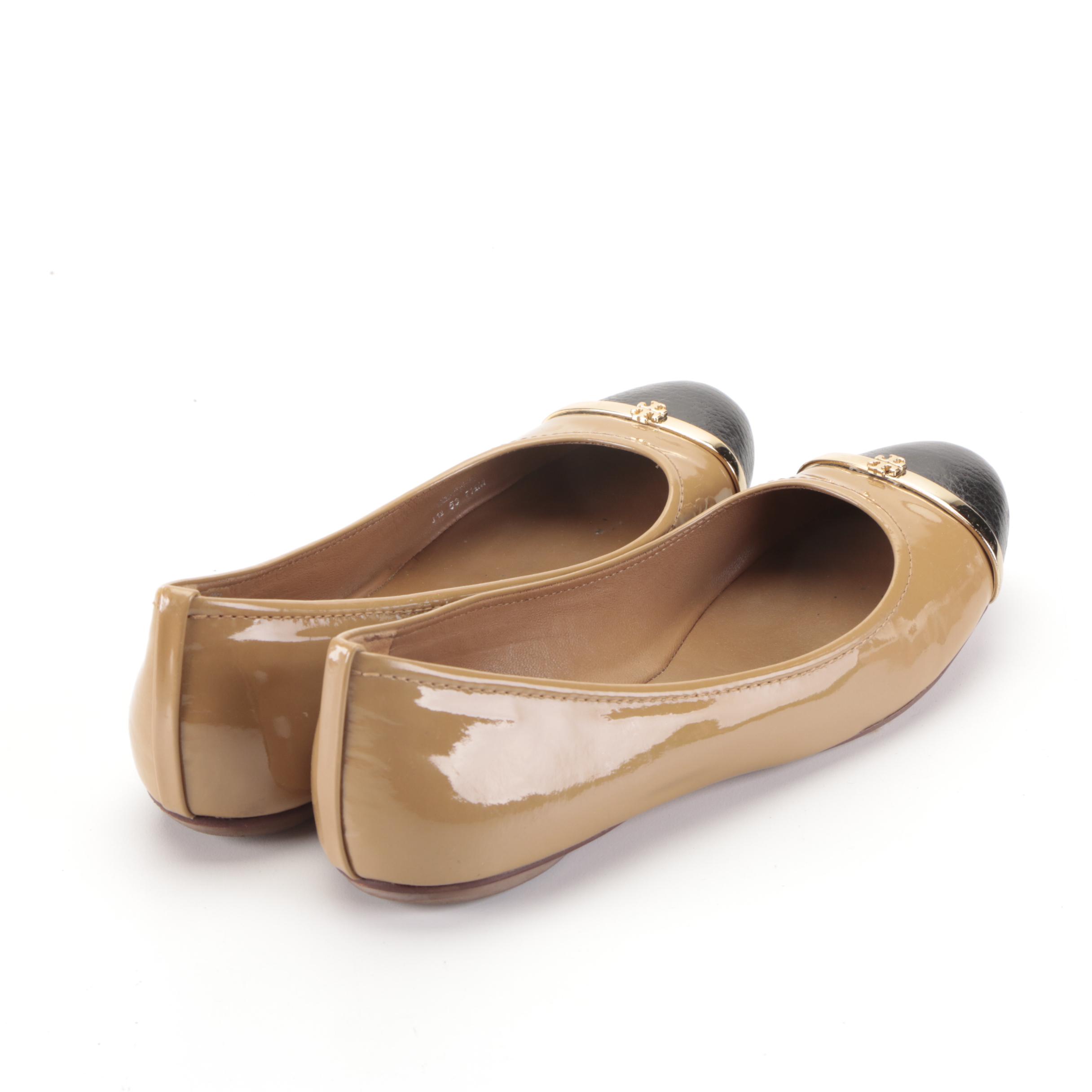 Tory Burch Pacey Ballet Flat in Tan Patent and Black Tumbled Leather