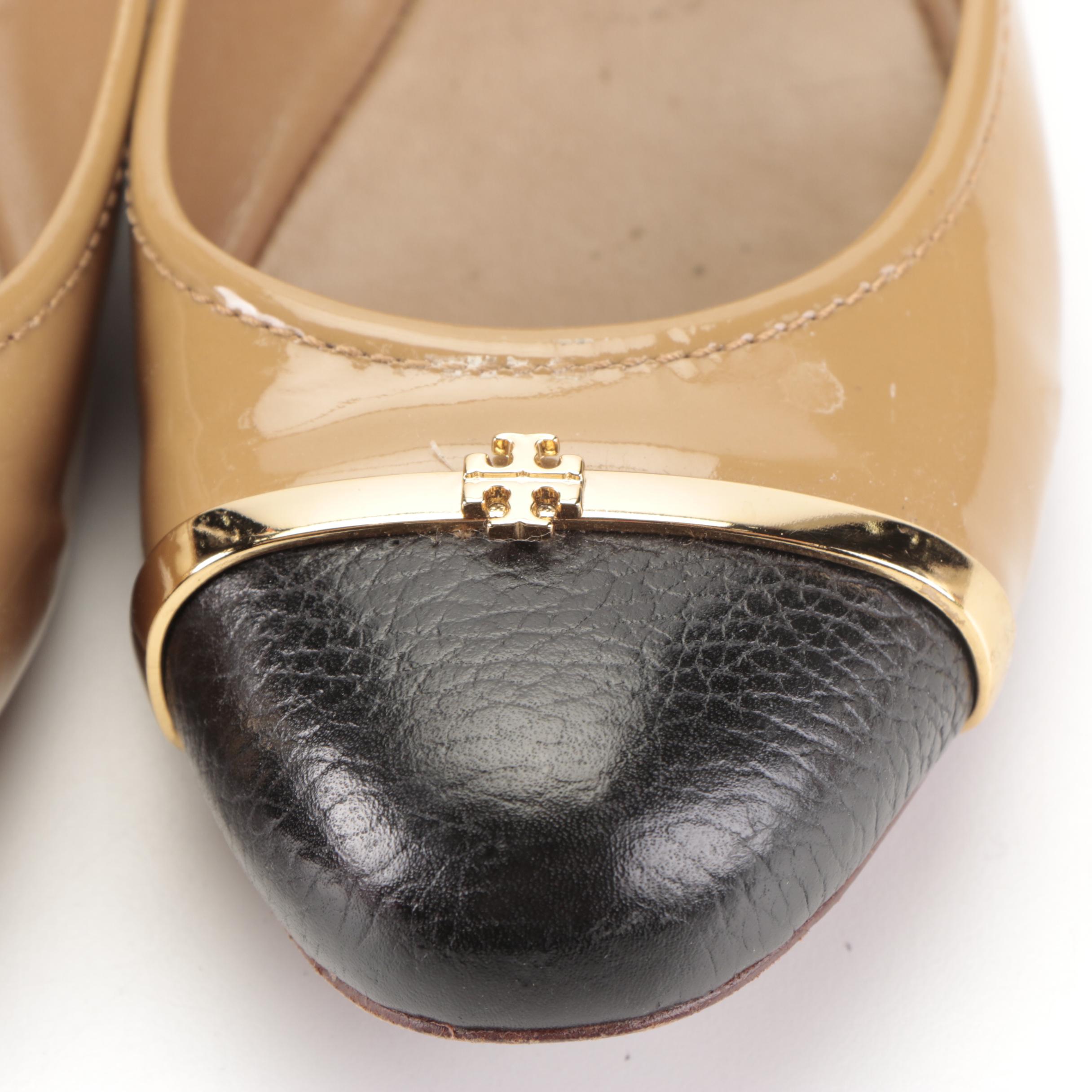 Tory Burch Pacey Ballet Flat in Tan Patent and Black Tumbled Leather