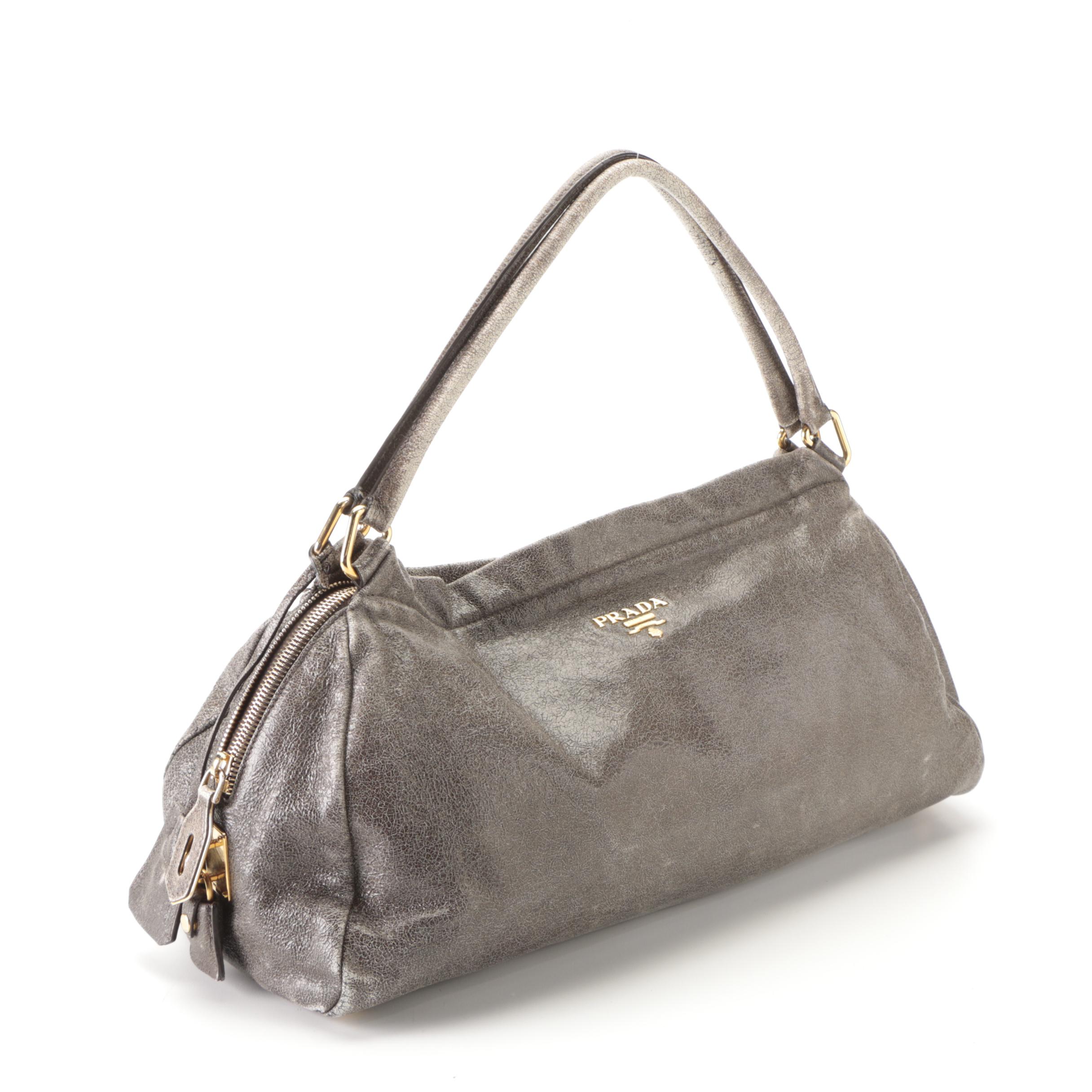 Prada Medium Zip Domed Shoulder Bag in Distressed Grey Calfskin Leather