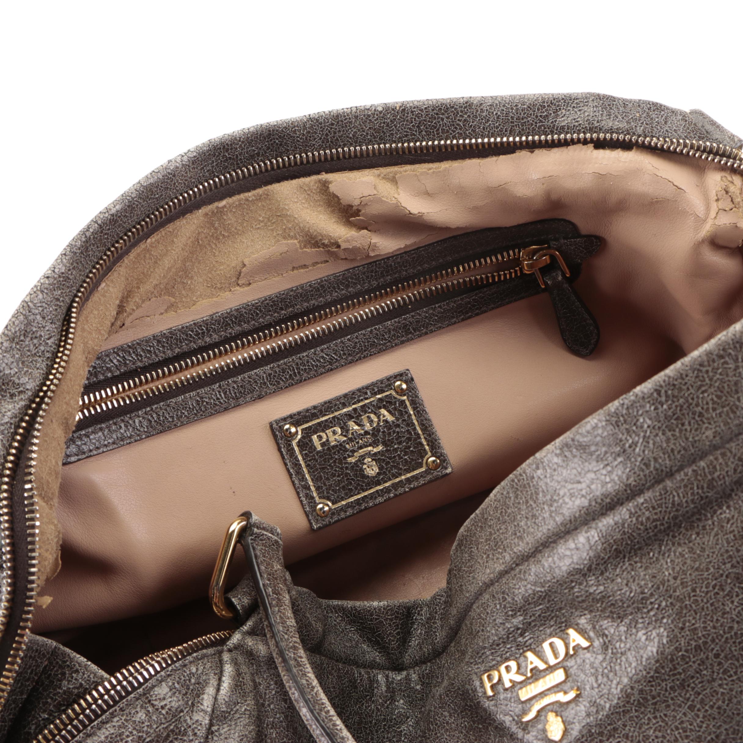 Prada Medium Zip Domed Shoulder Bag in Distressed Grey Calfskin Leather