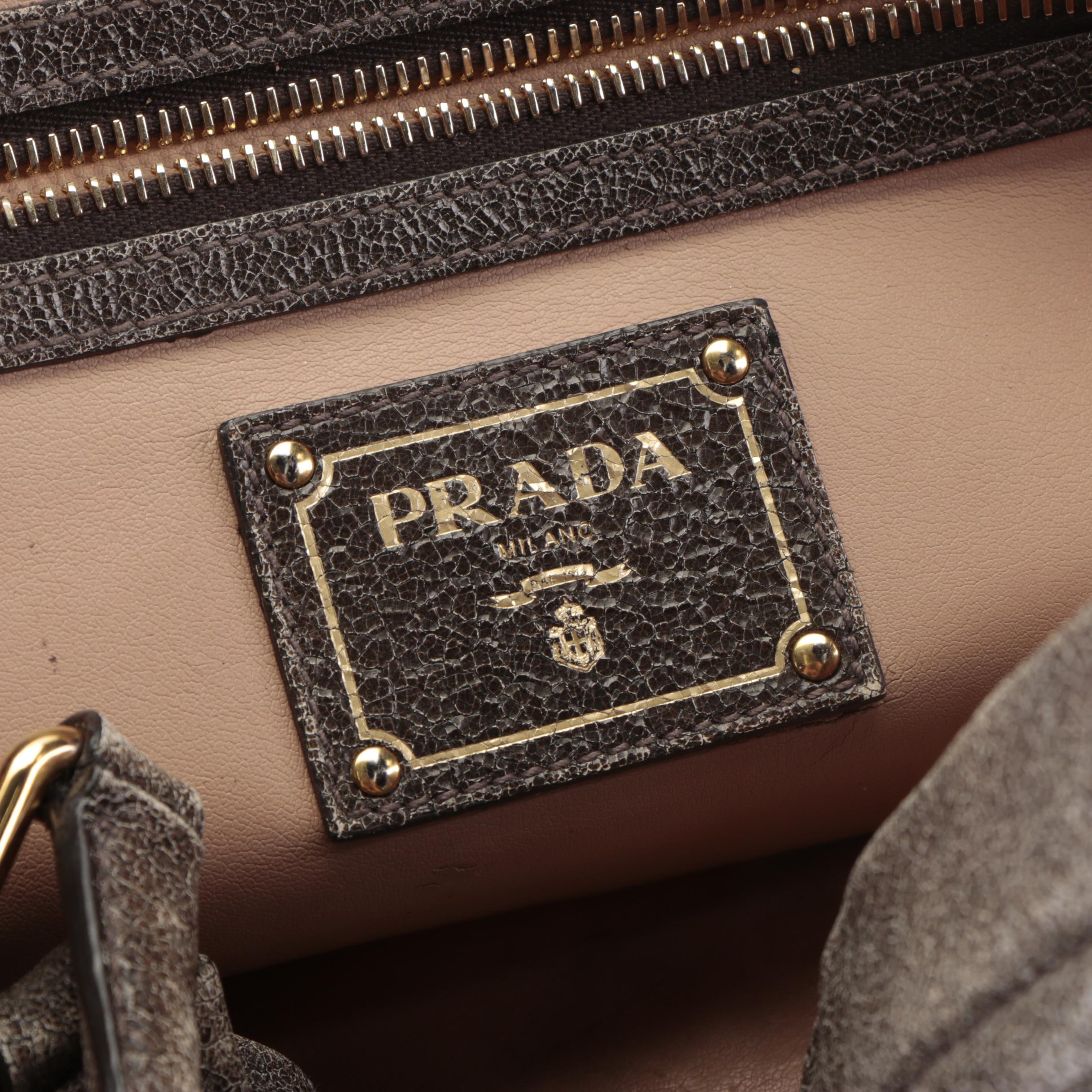 Prada Medium Zip Domed Shoulder Bag in Distressed Grey Calfskin Leather