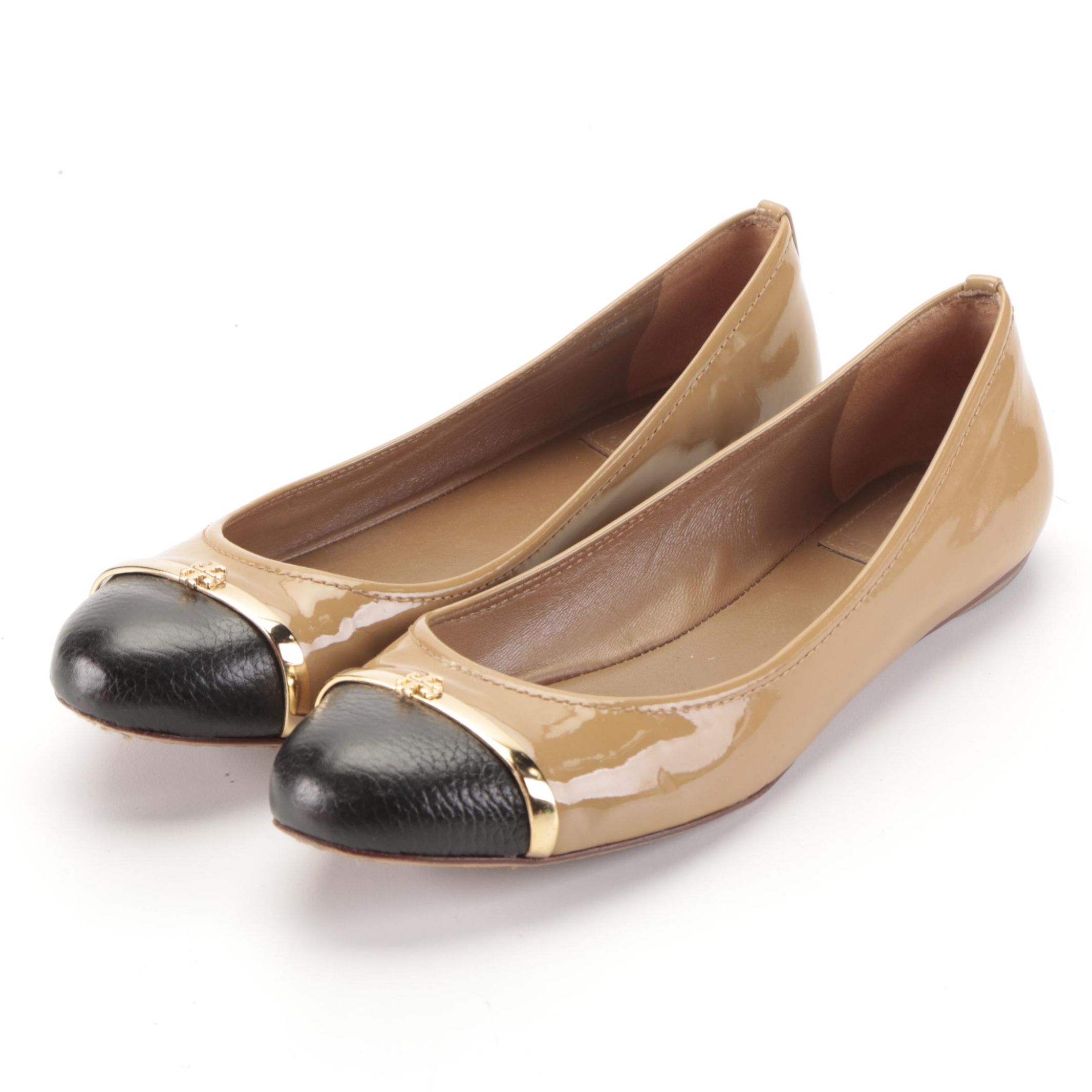 Tory Burch Pacey Ballet Flat in Tan Patent and Black Tumbled Leather