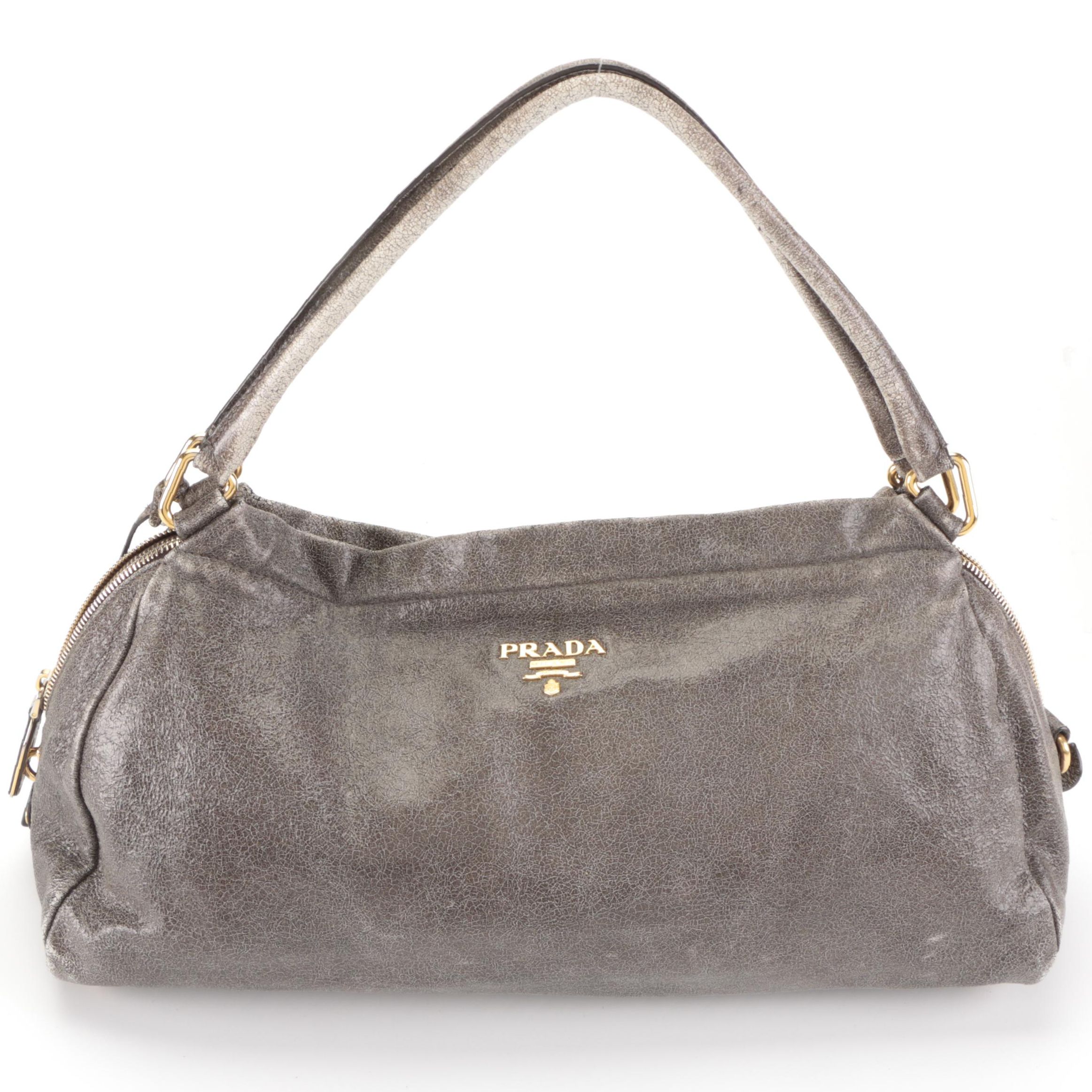Prada Medium Zip Domed Shoulder Bag in Distressed Grey Calfskin Leather