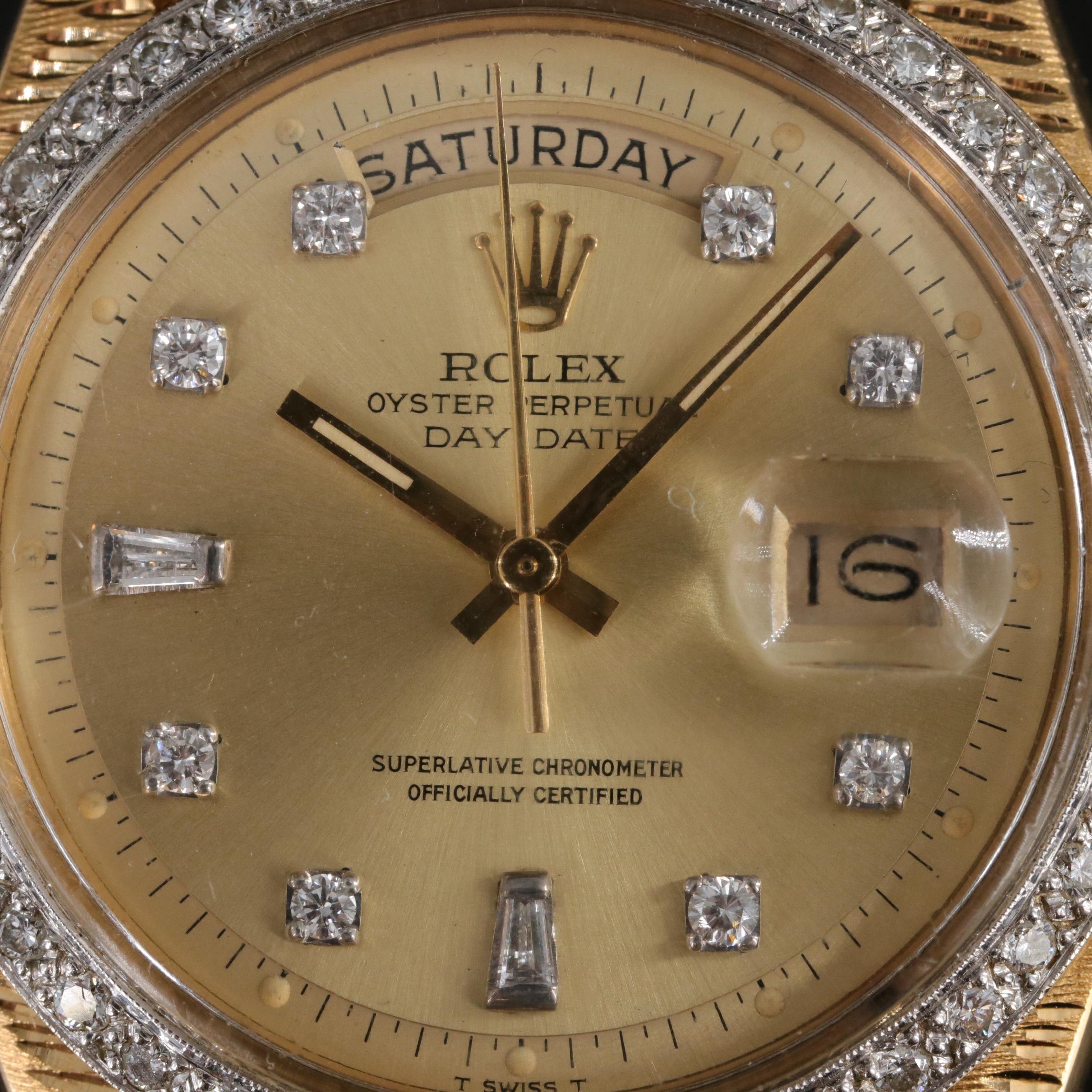 1974 Rolex Day-Date 1.09 CTW Diamond Bezel and Dial 18K Watch