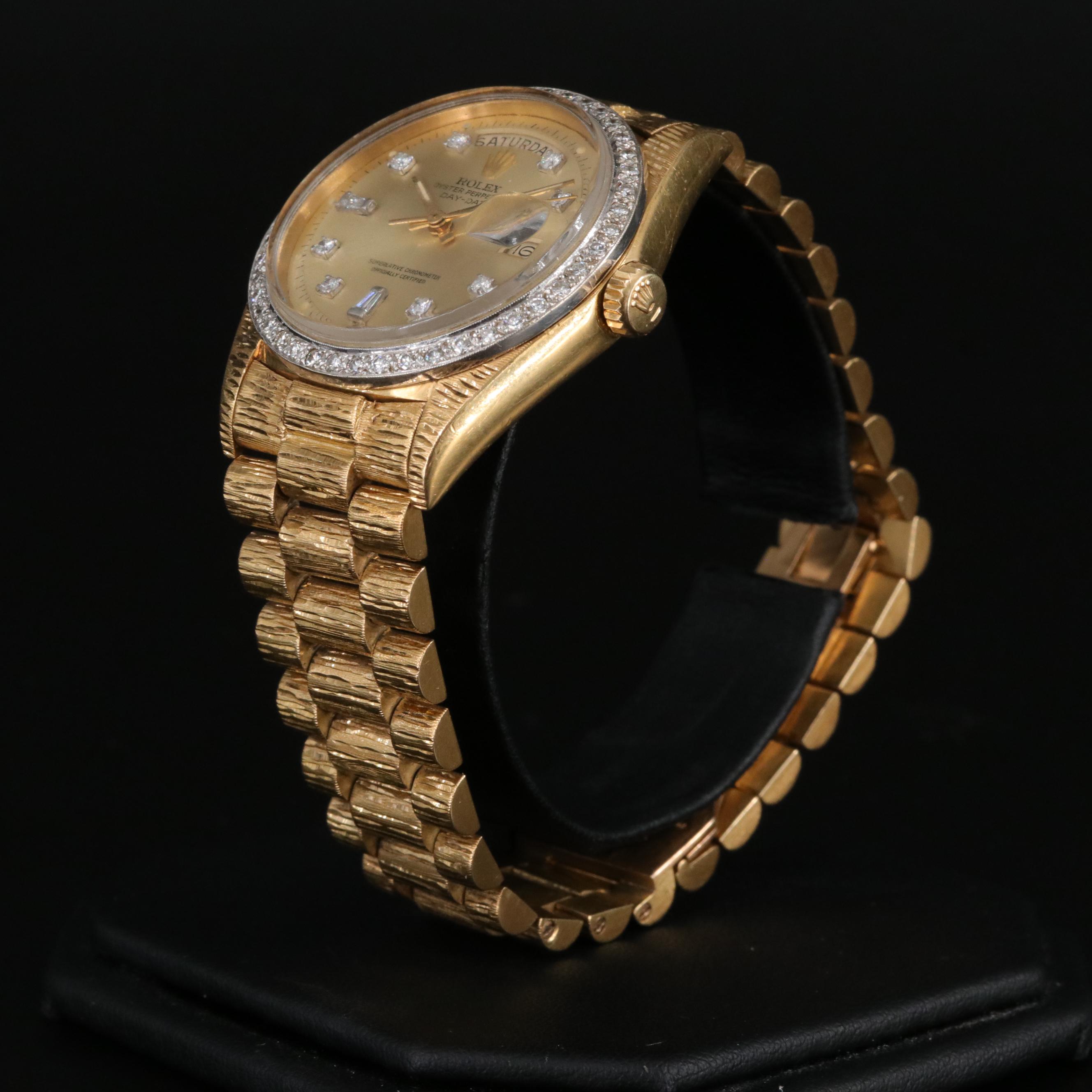 1974 Rolex Day-Date 1.09 CTW Diamond Bezel and Dial 18K Watch