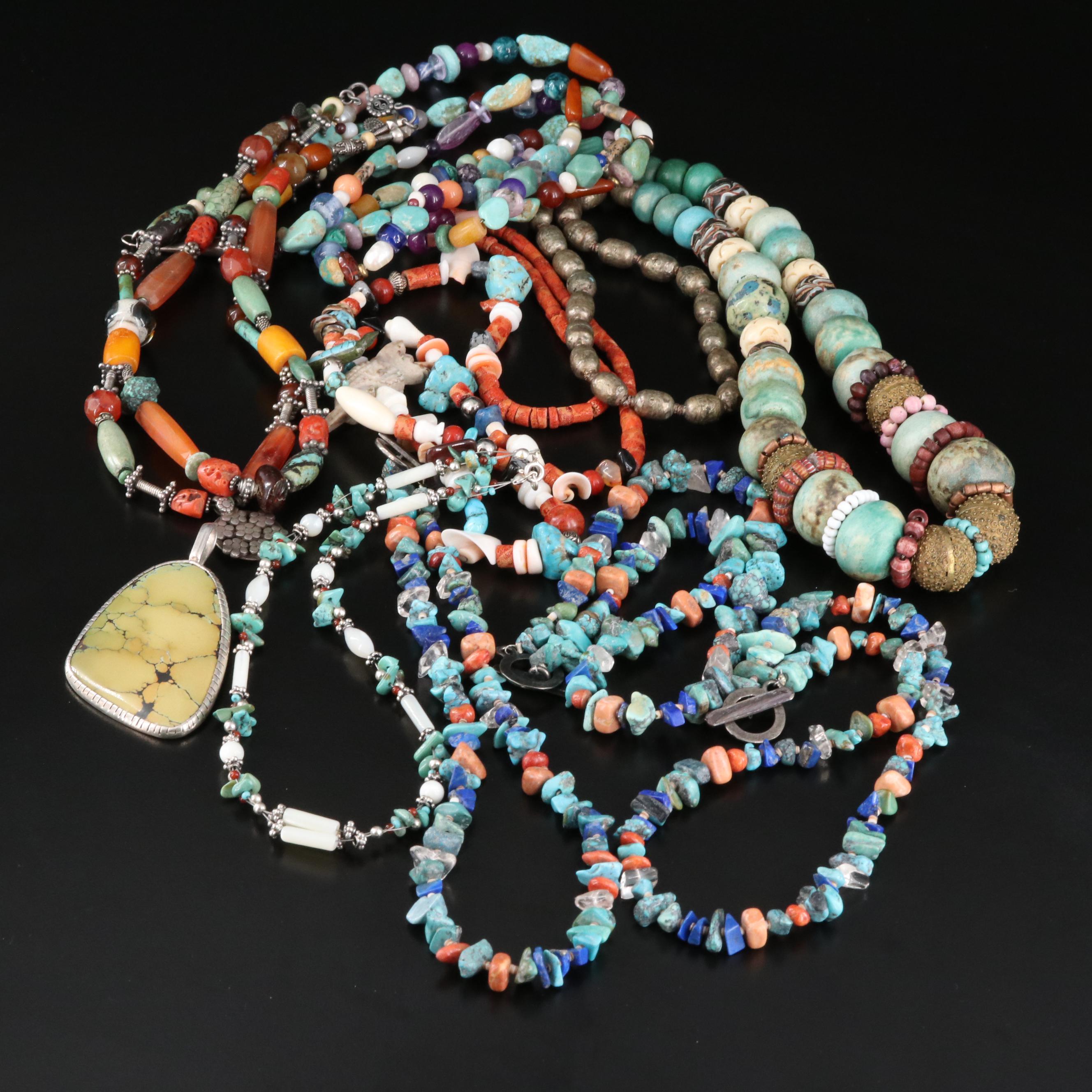 Beaded Necklaces Including Sterling, Fetish, Coral, Jasper and Turquoise