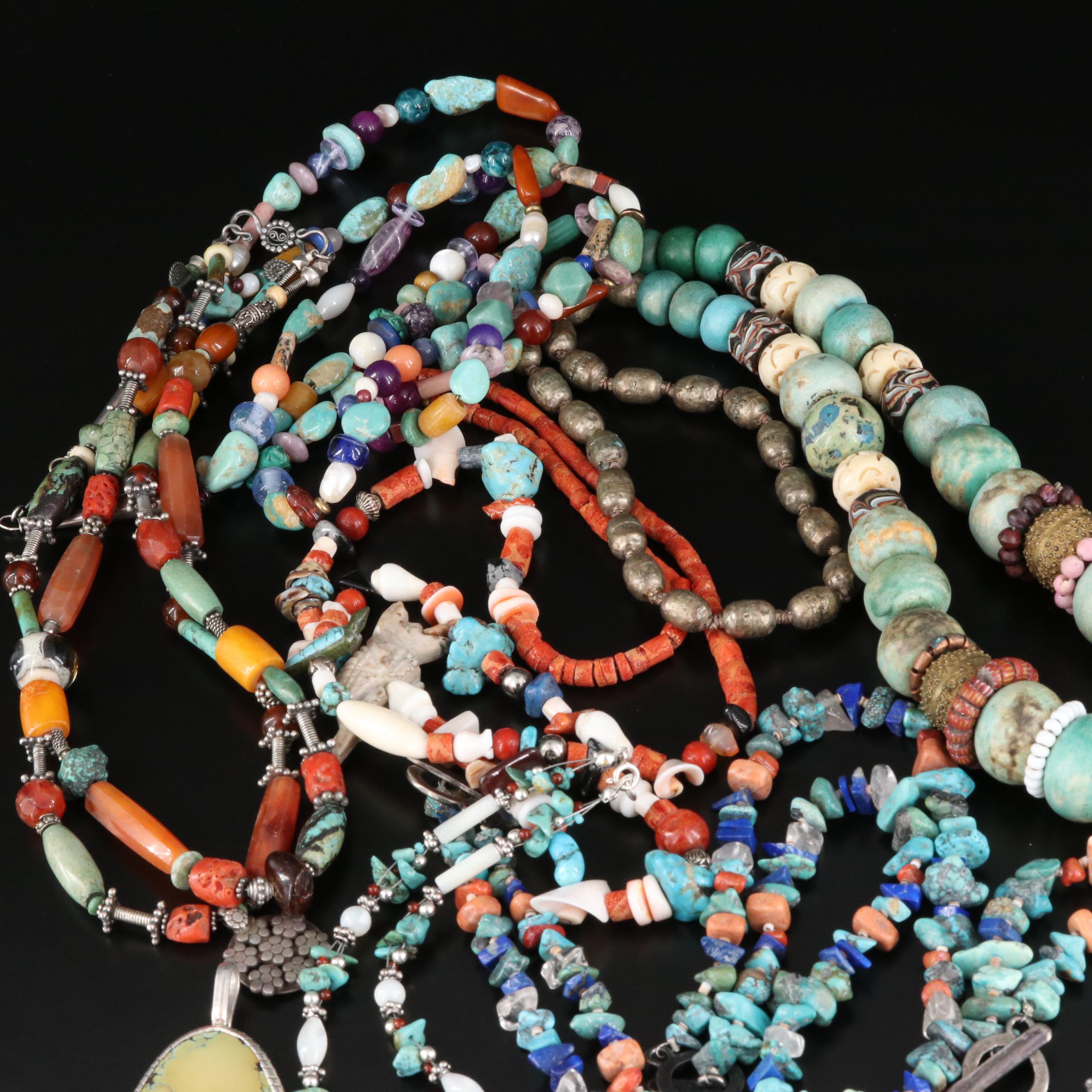 Beaded Necklaces Including Sterling, Fetish, Coral, Jasper and Turquoise