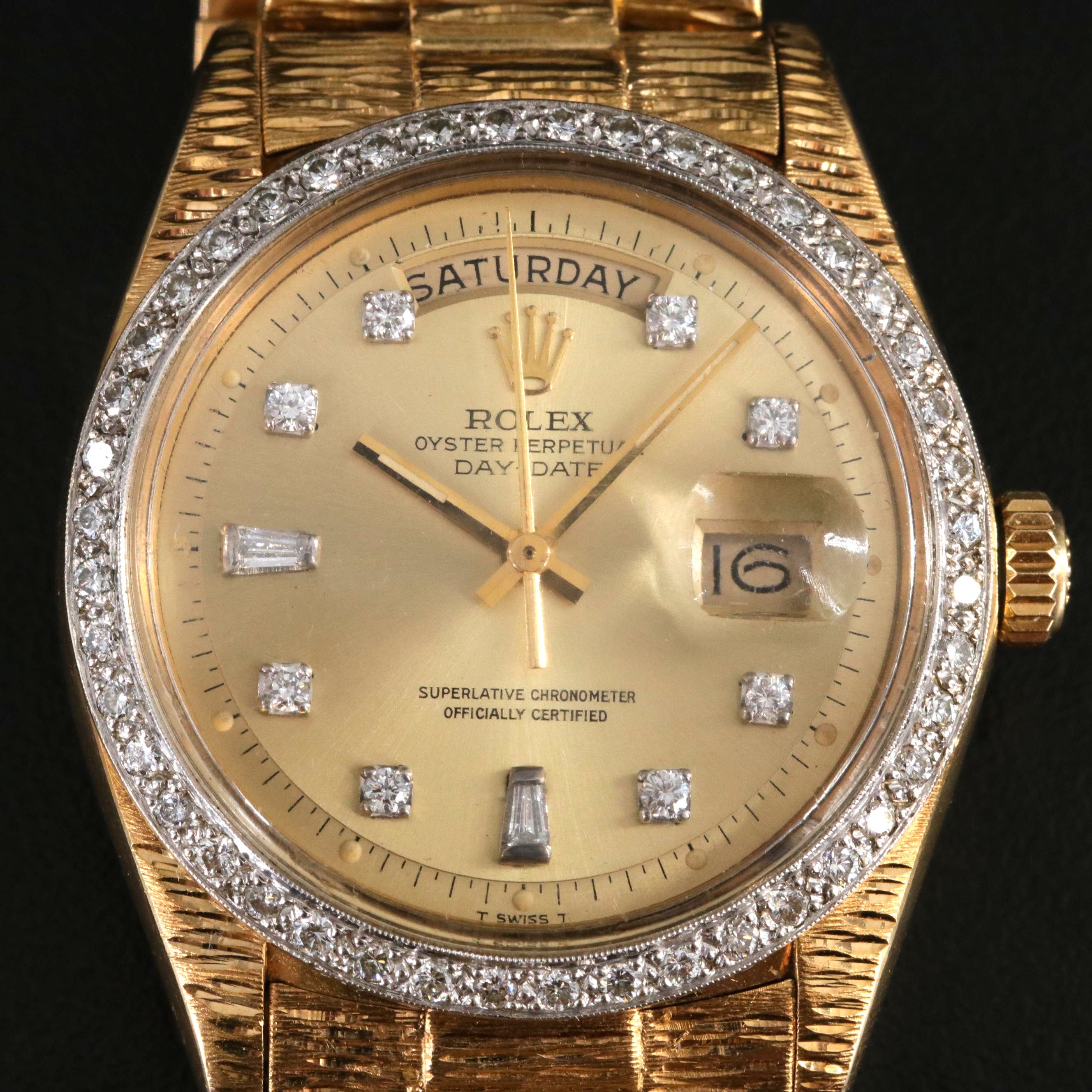1974 Rolex Day-Date 1.09 CTW Diamond Bezel and Dial 18K Watch