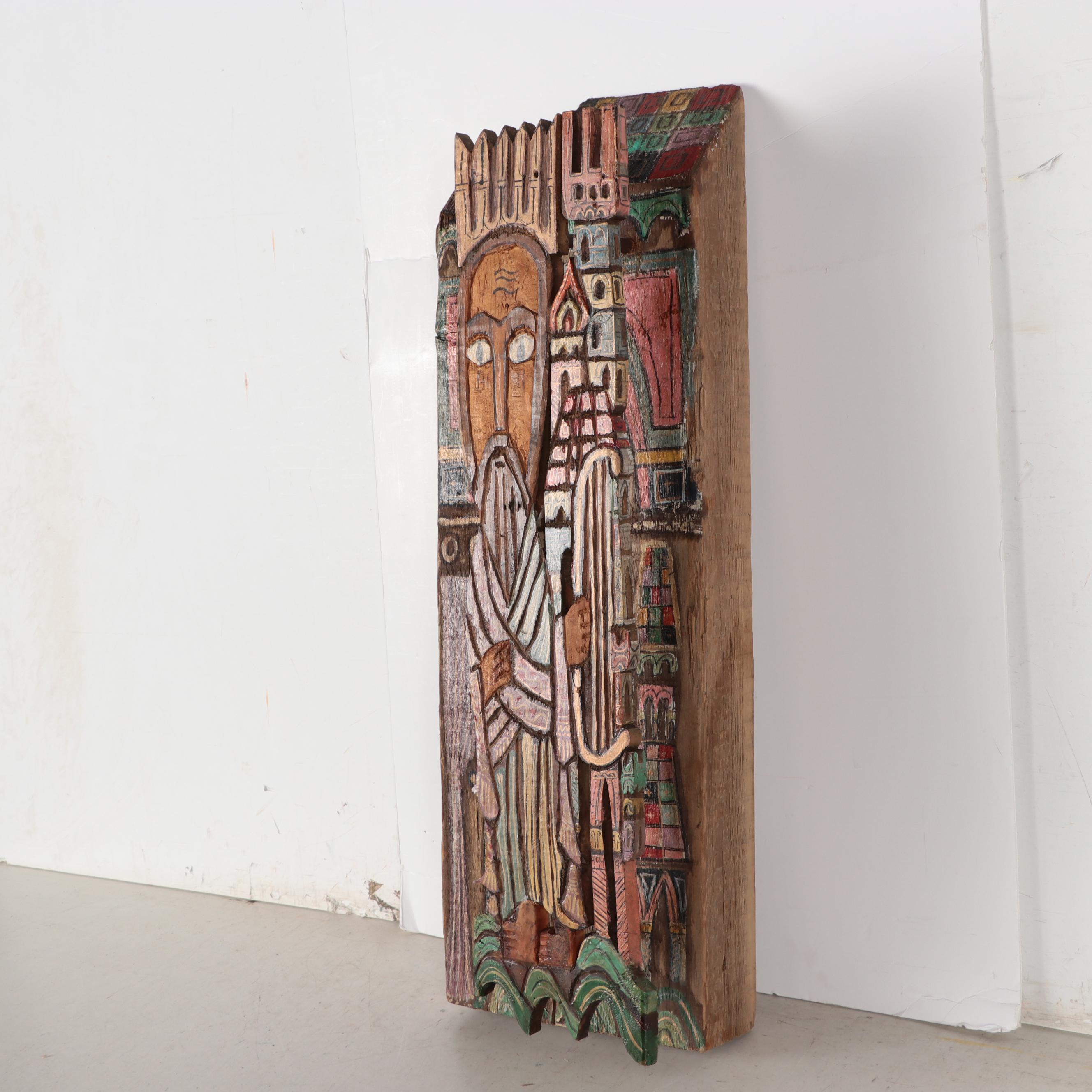 Robert Qualters Folk Art Polychrome Carved Wood Sculpture "King David"