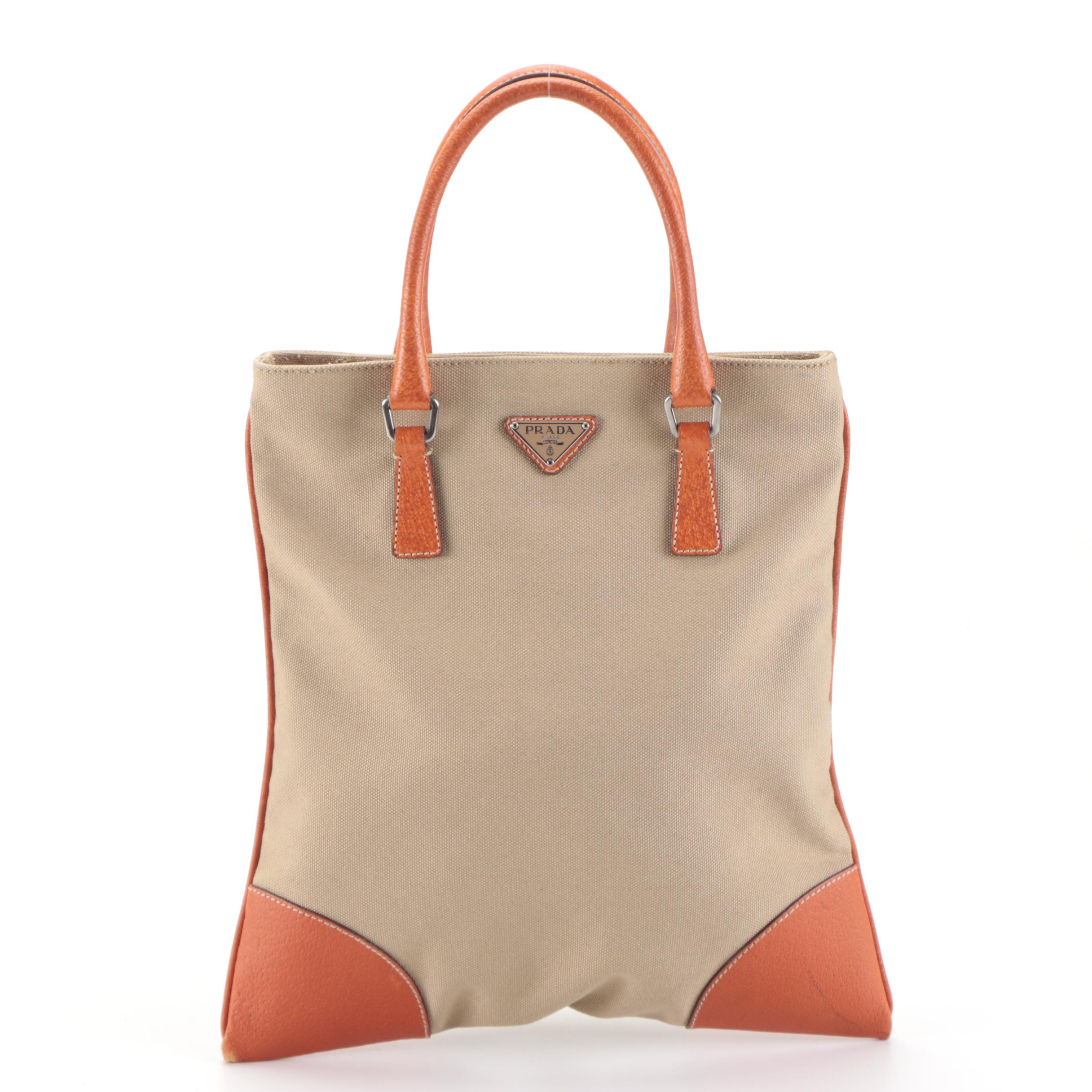 Prada Handbag in Canvas and Orange Leather