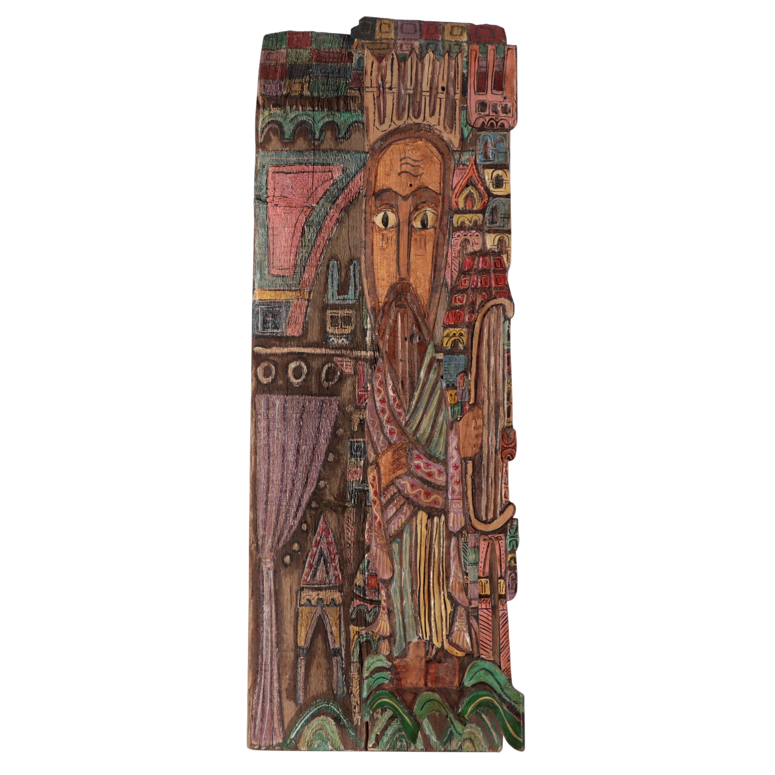 Robert Qualters Folk Art Polychrome Carved Wood Sculpture "King David"