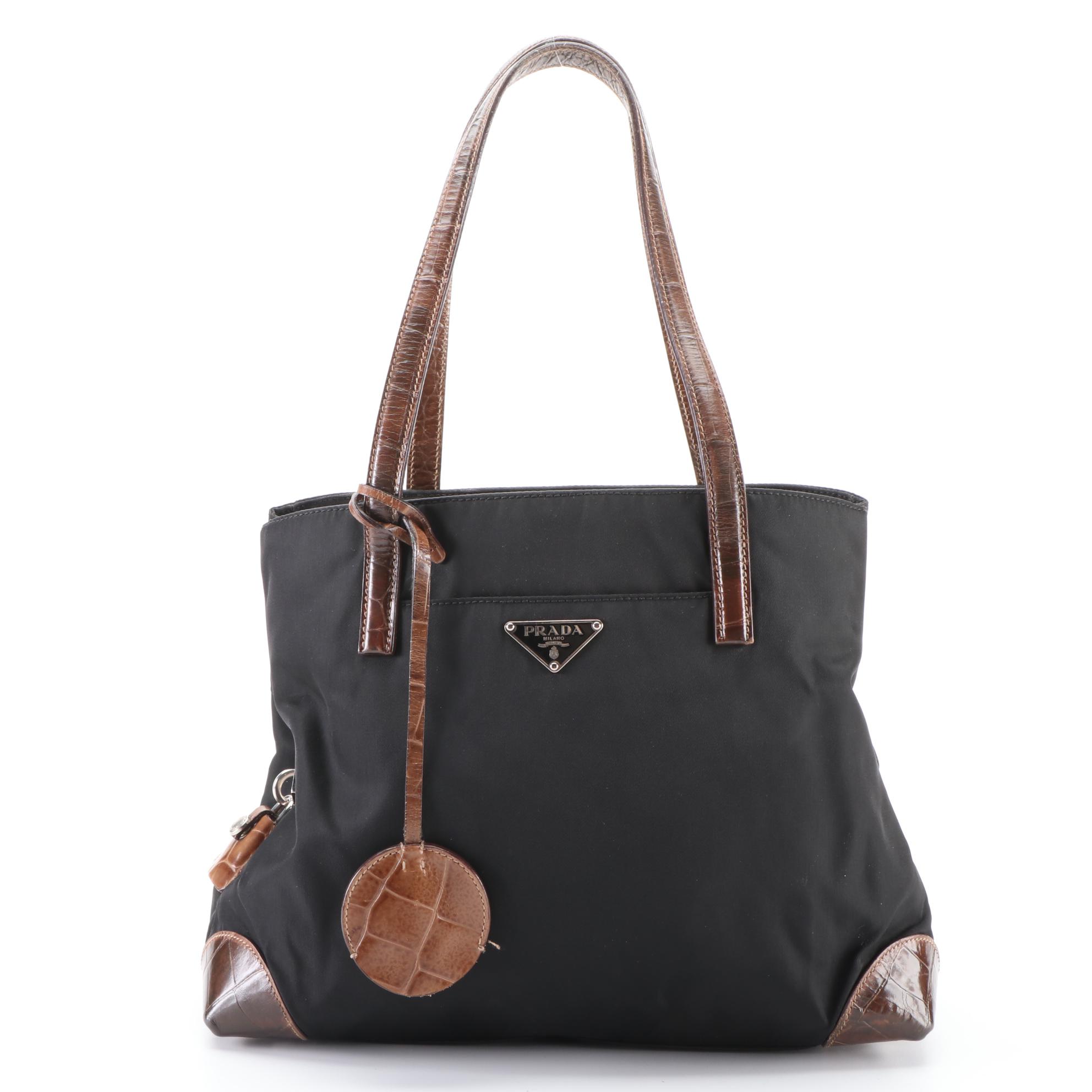 Prada Small Shoulder Bag in Black Nylon Tessuto with Croc-Effect Leather Trim