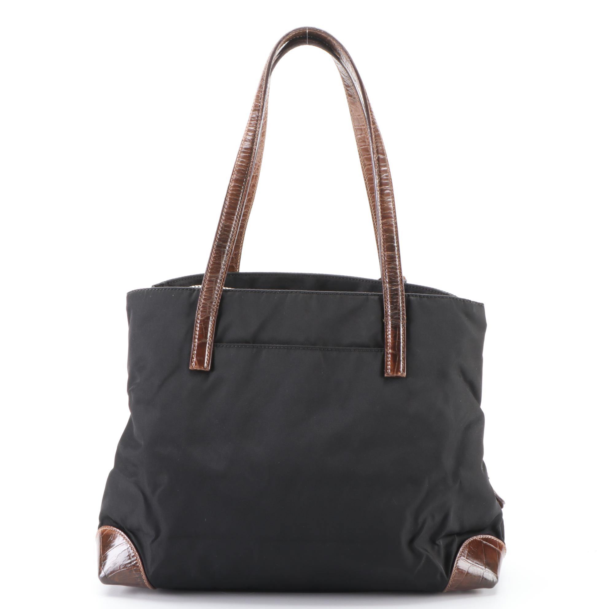 Prada Small Shoulder Bag in Black Nylon Tessuto with Croc-Effect Leather Trim