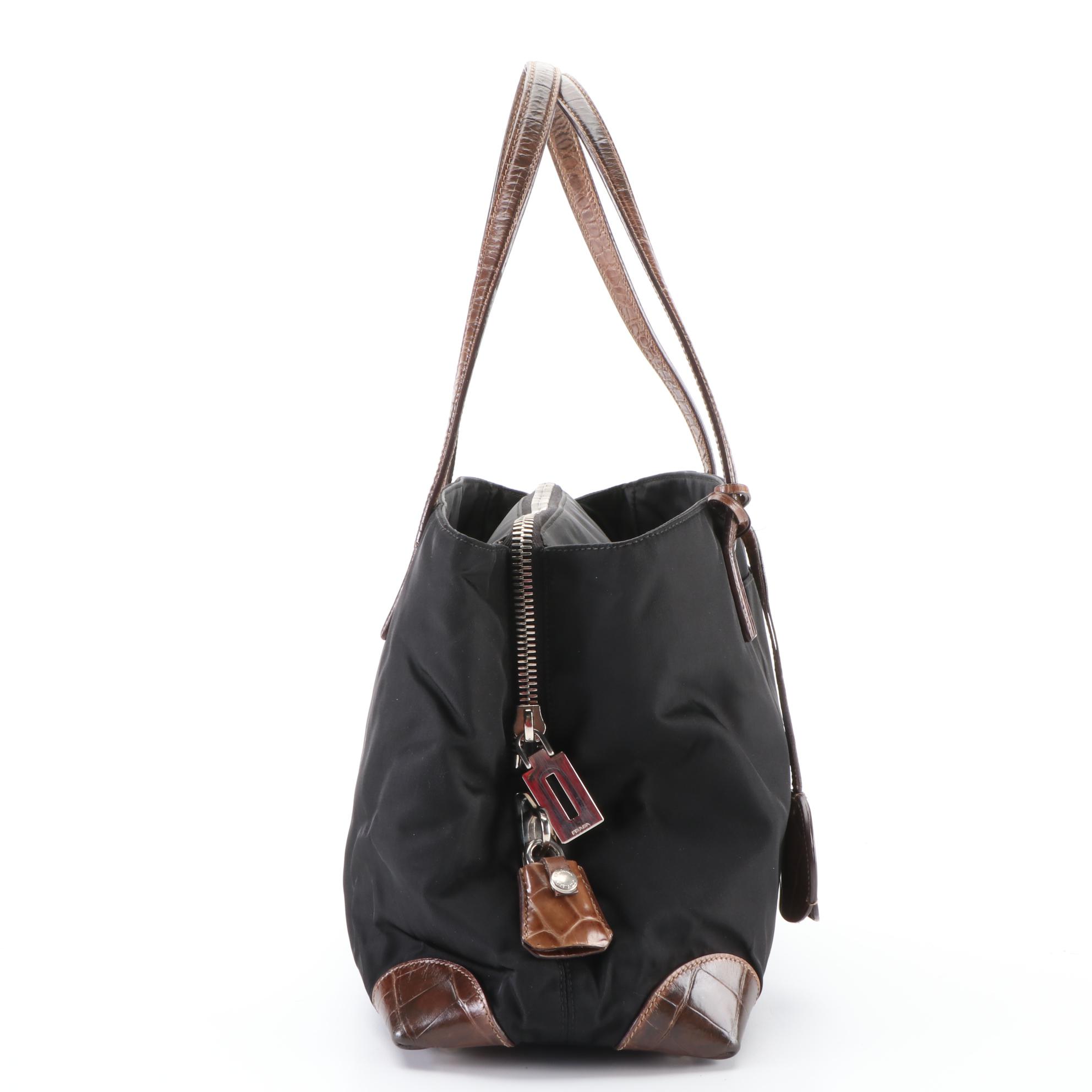 Prada Small Shoulder Bag in Black Nylon Tessuto with Croc-Effect Leather Trim