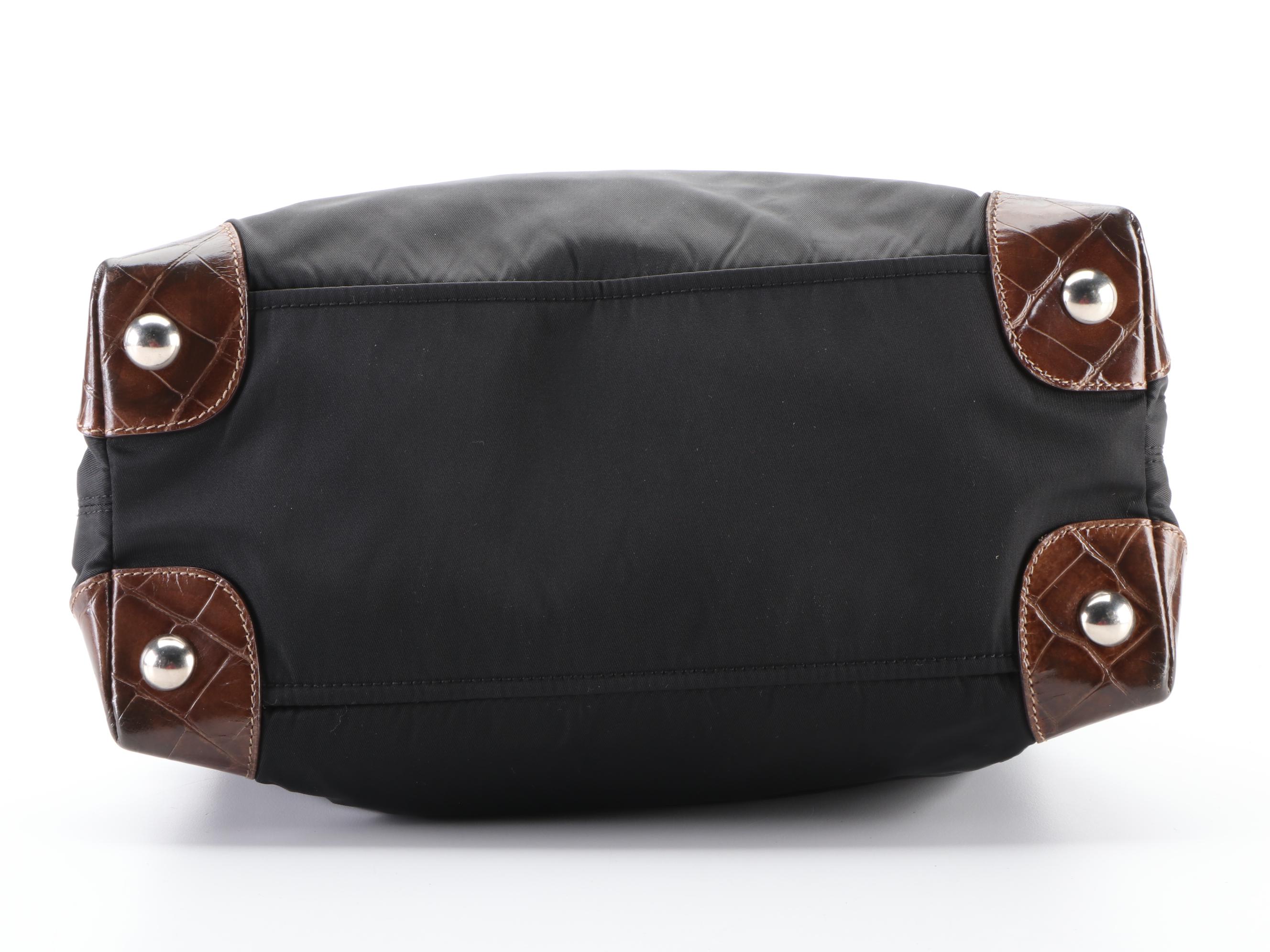 Prada Small Shoulder Bag in Black Nylon Tessuto with Croc-Effect Leather Trim