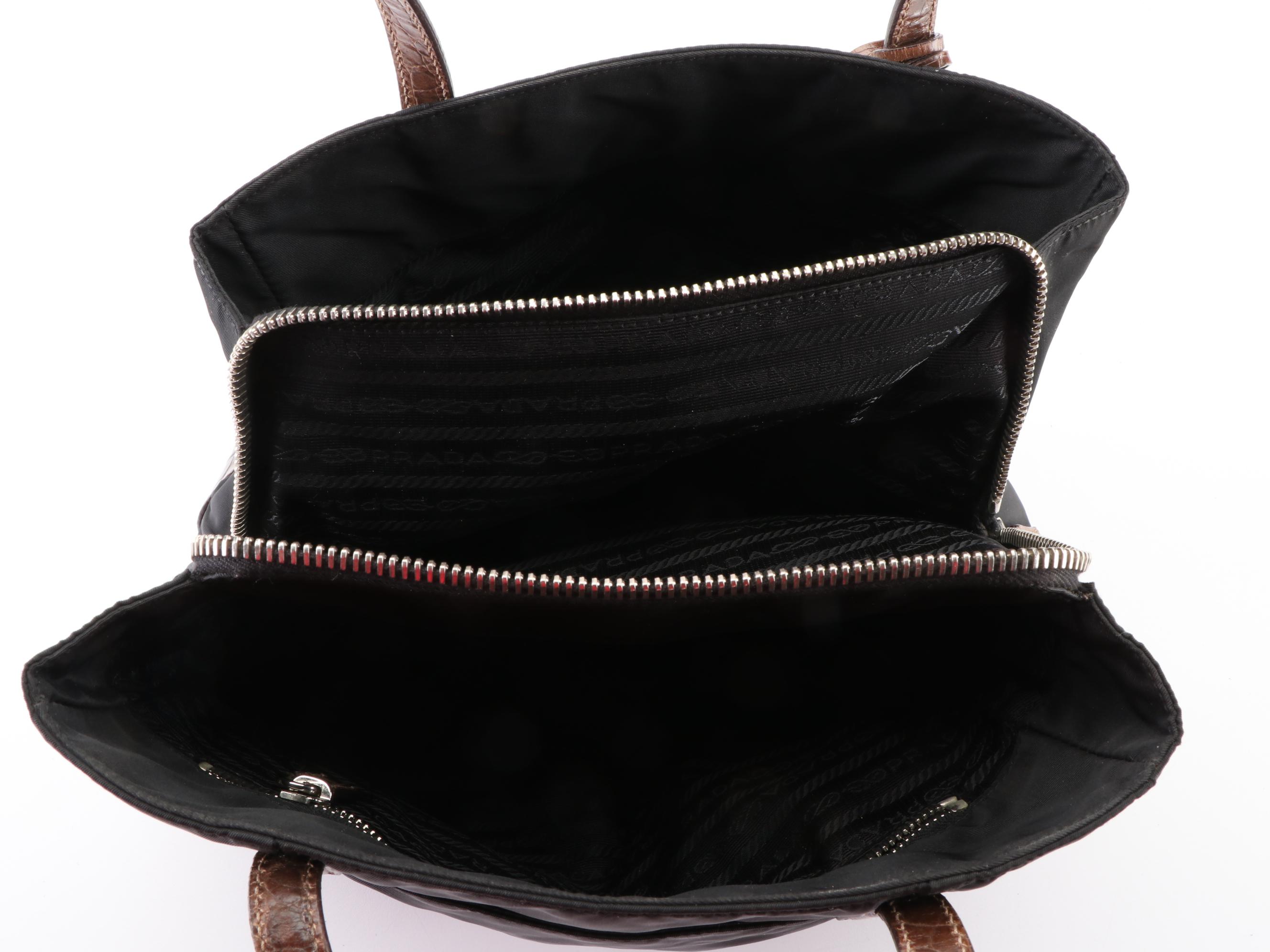 Prada Small Shoulder Bag in Black Nylon Tessuto with Croc-Effect Leather Trim