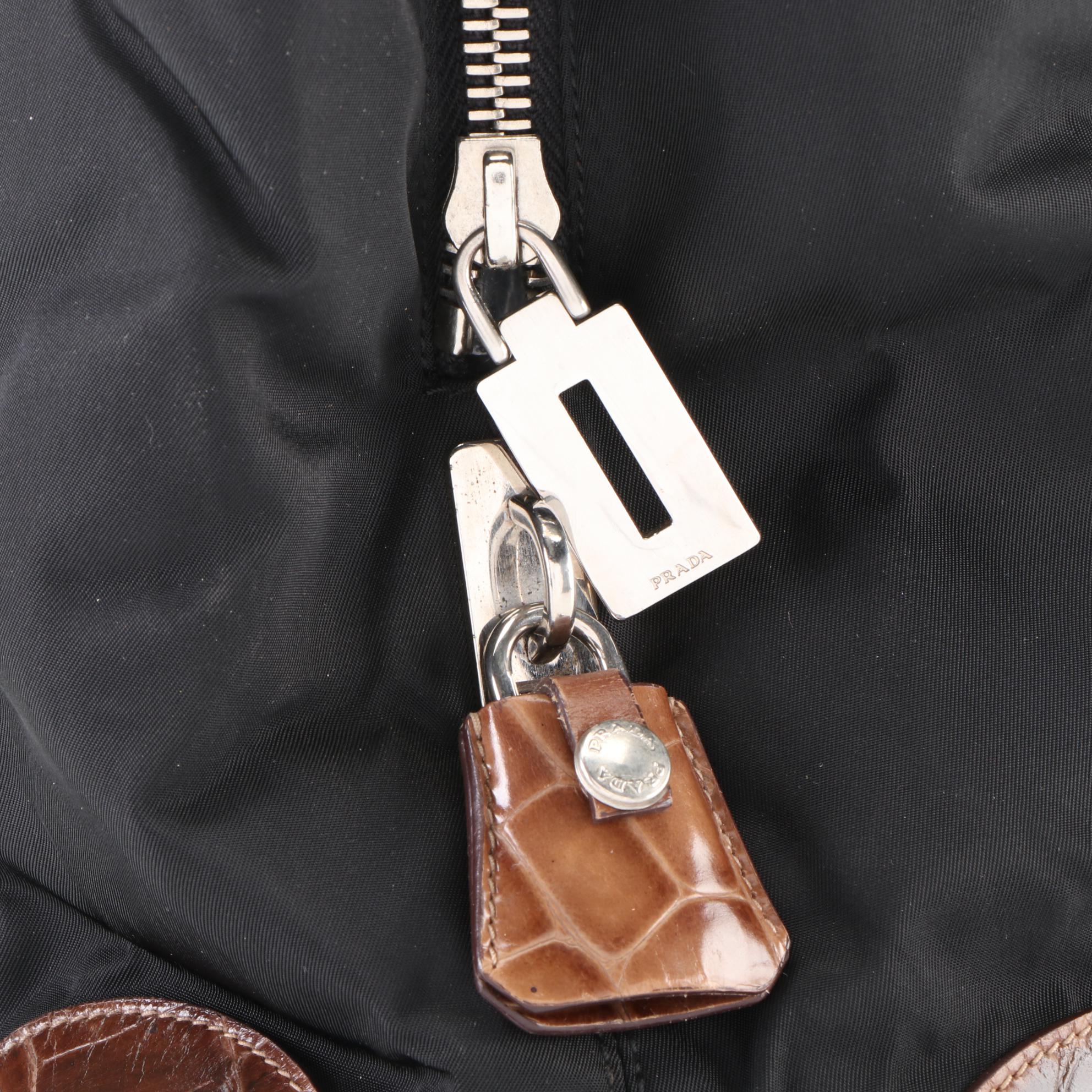 Prada Small Shoulder Bag in Black Nylon Tessuto with Croc-Effect Leather Trim