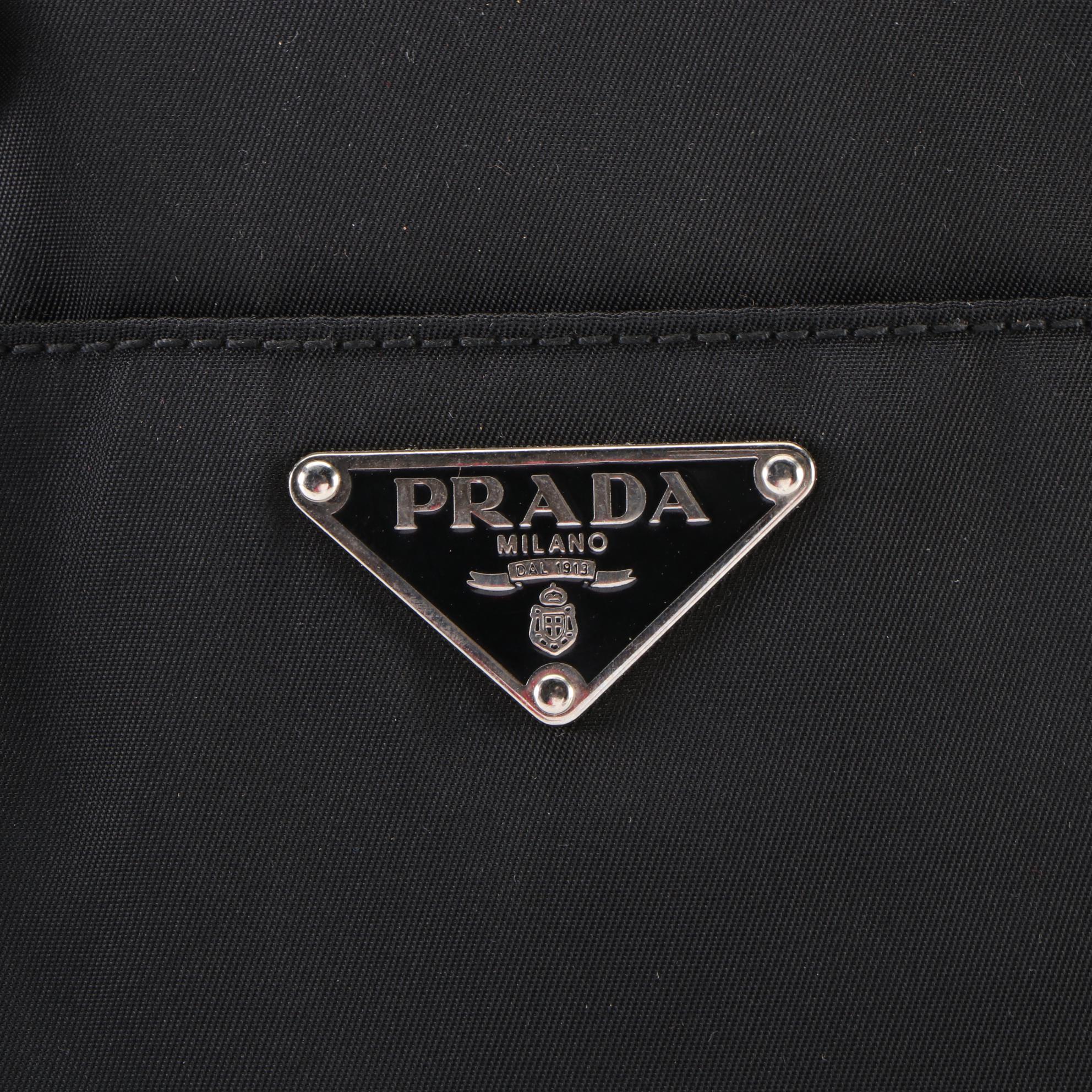 Prada Small Shoulder Bag in Black Nylon Tessuto with Croc-Effect Leather Trim