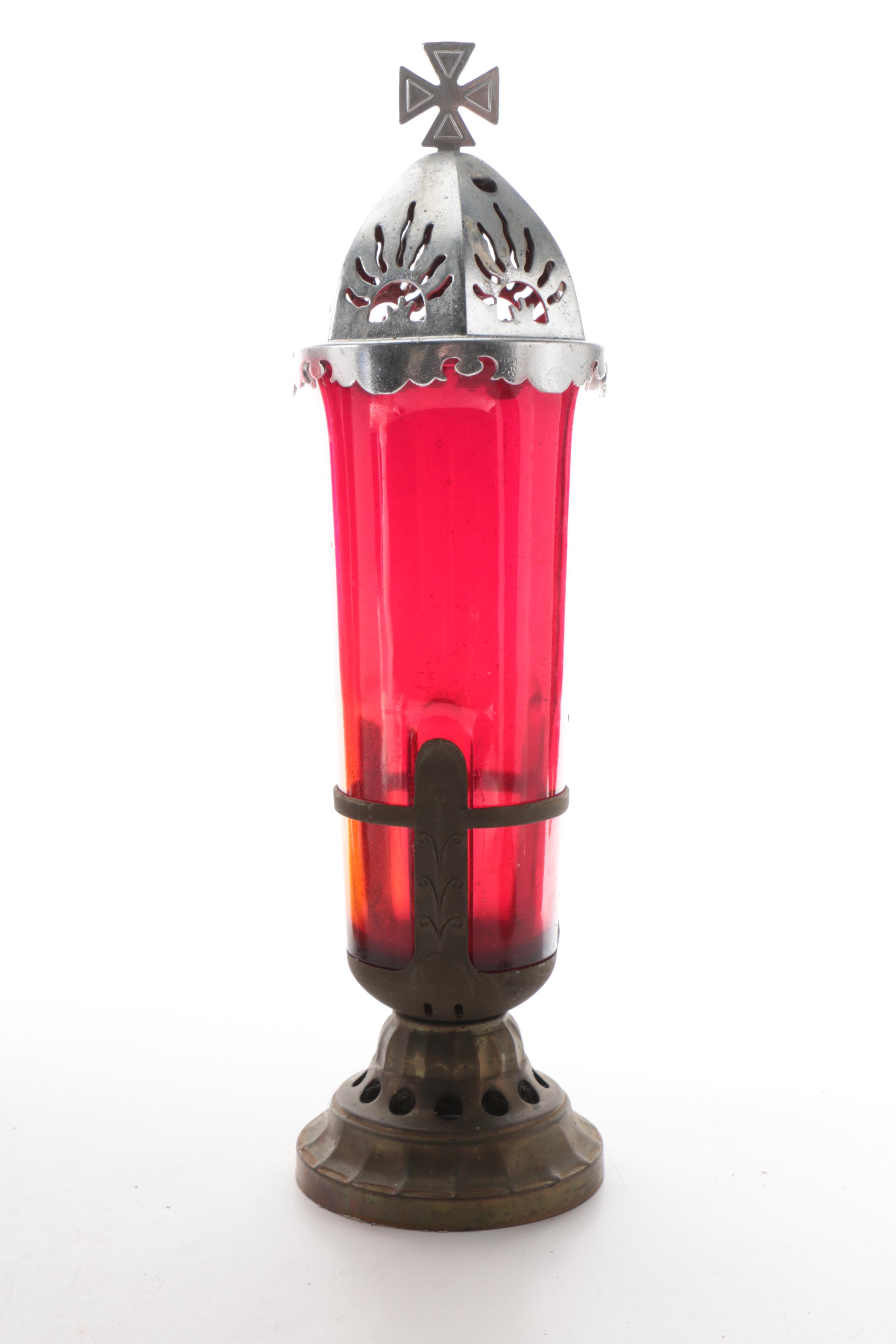 Sanctuary Red Glass and Metal Candleholders, Mid to Late 20th Century