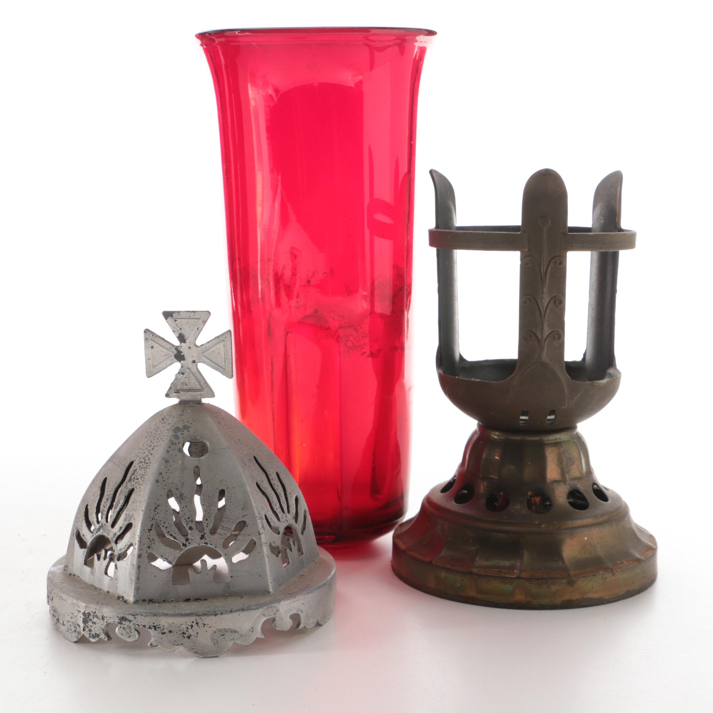Sanctuary Red Glass and Metal Candleholders, Mid to Late 20th Century