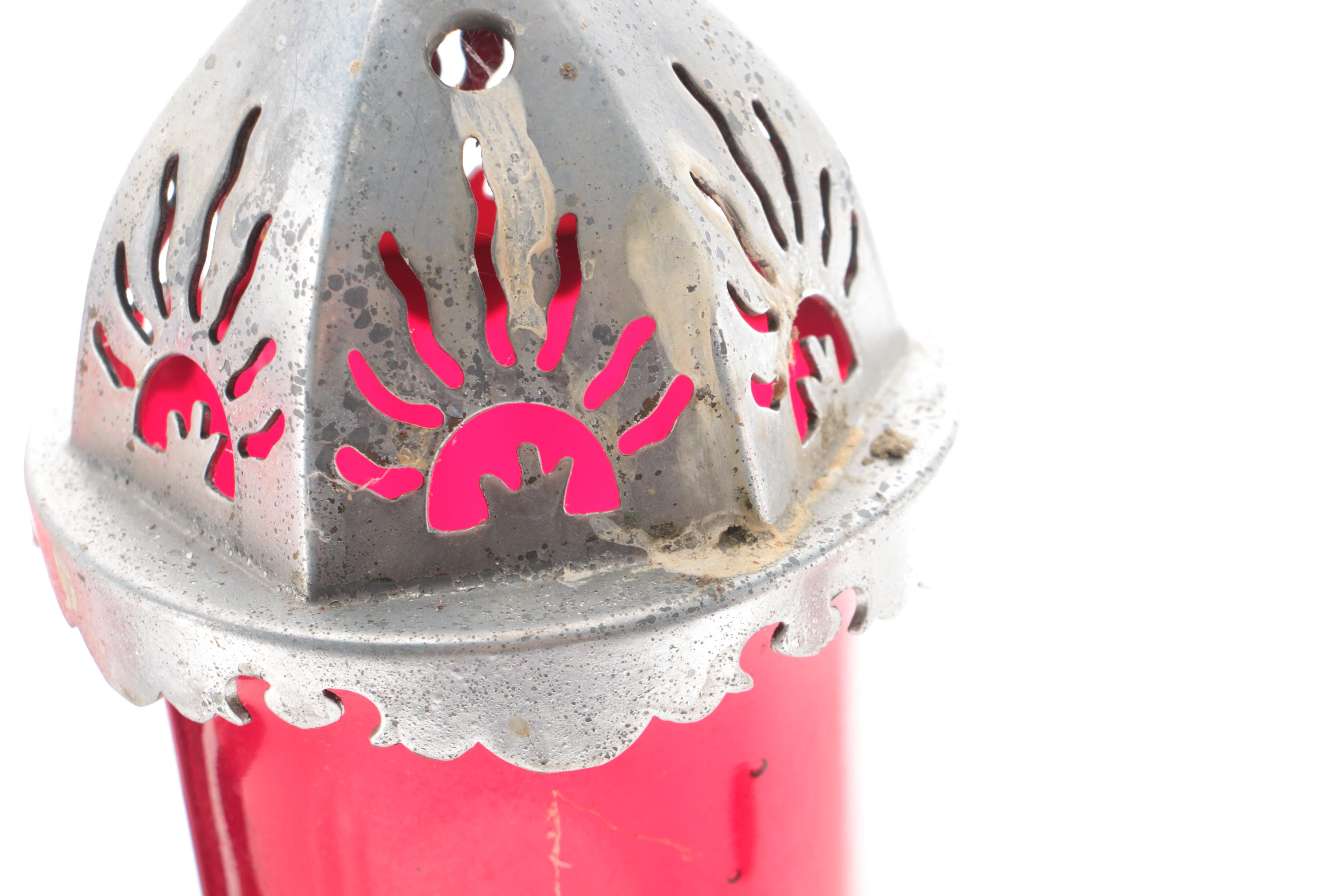 Sanctuary Red Glass and Metal Candleholders, Mid to Late 20th Century