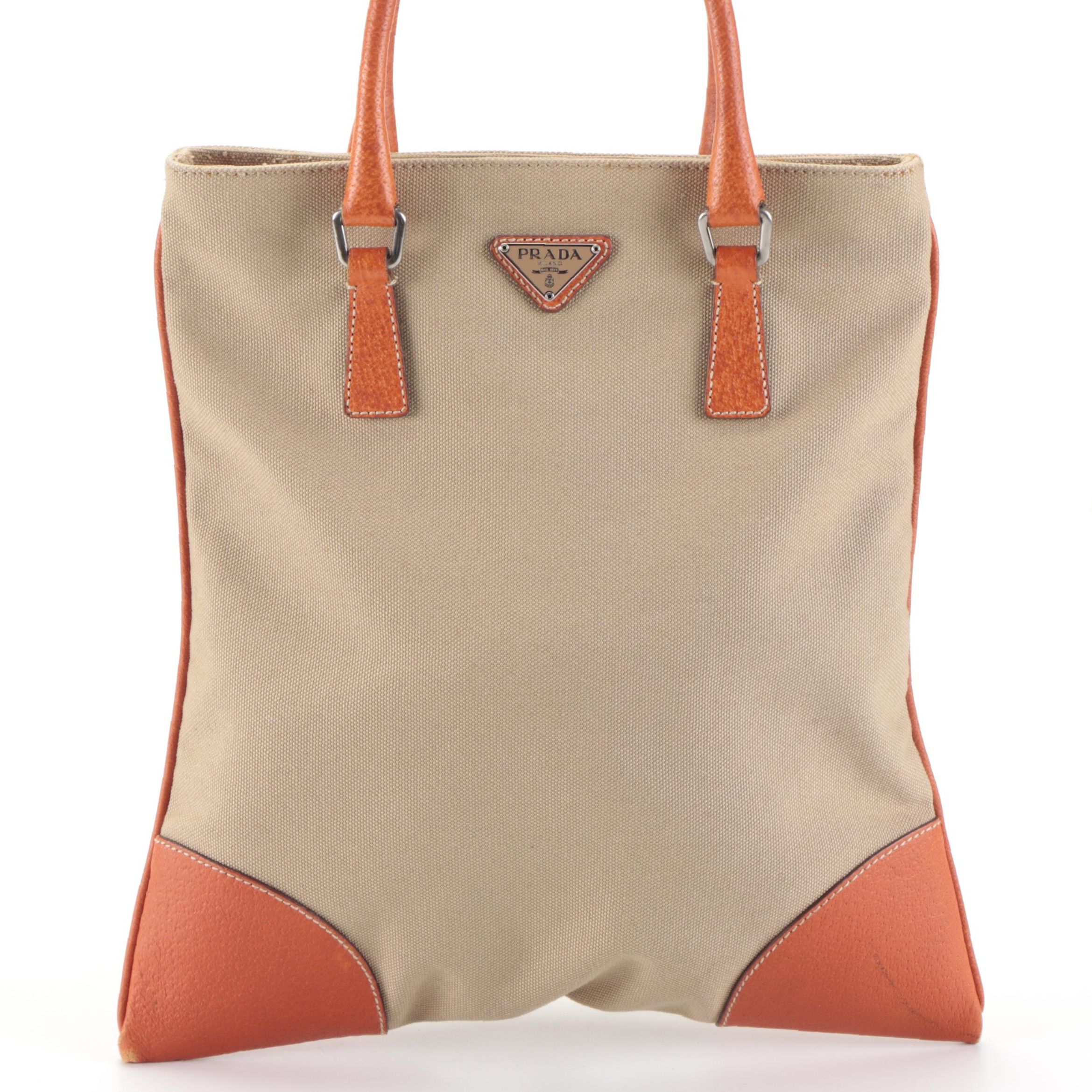 Prada Handbag in Canvas and Orange Leather