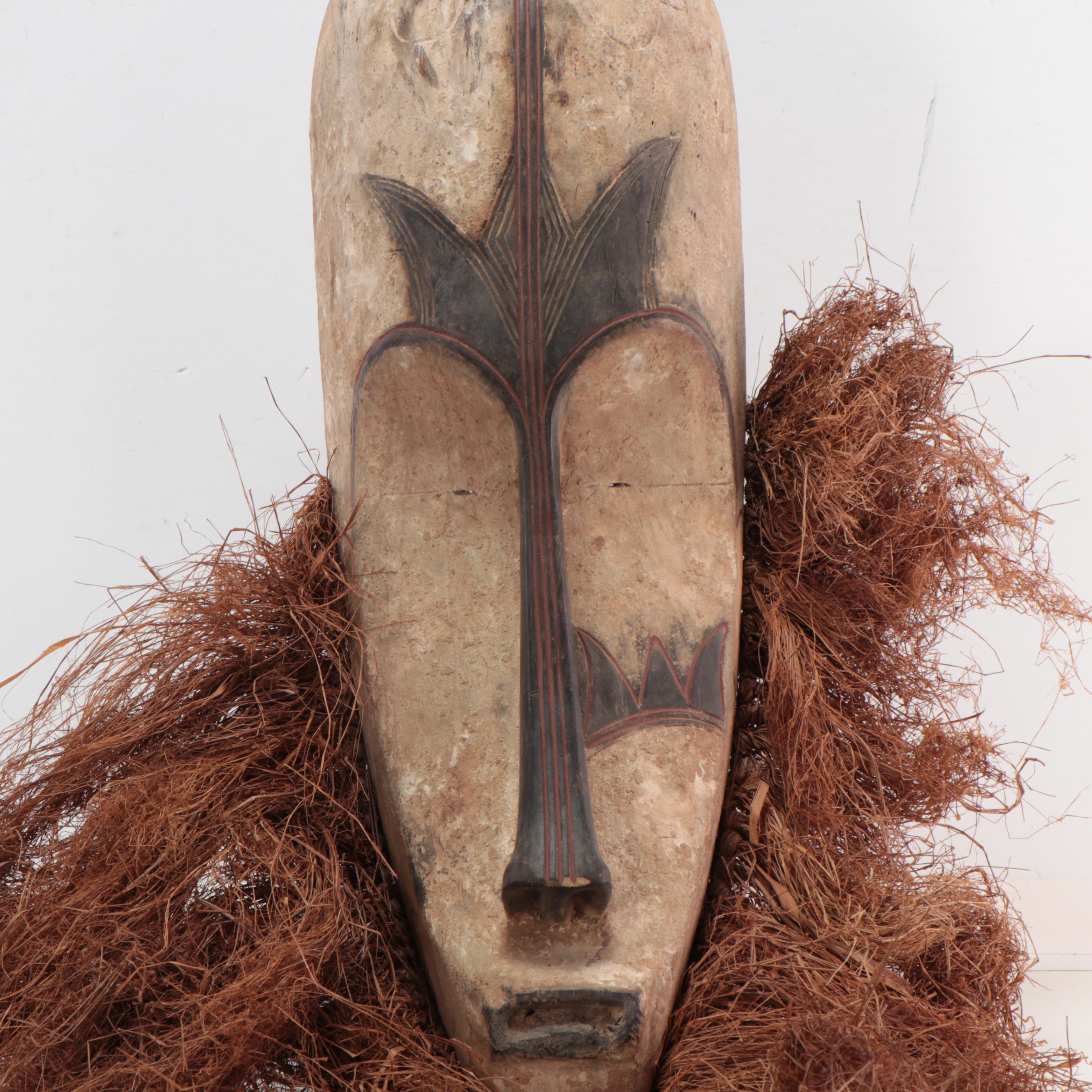 Fang Style Carved Wood Mask With Raffia Collar, Central Africa