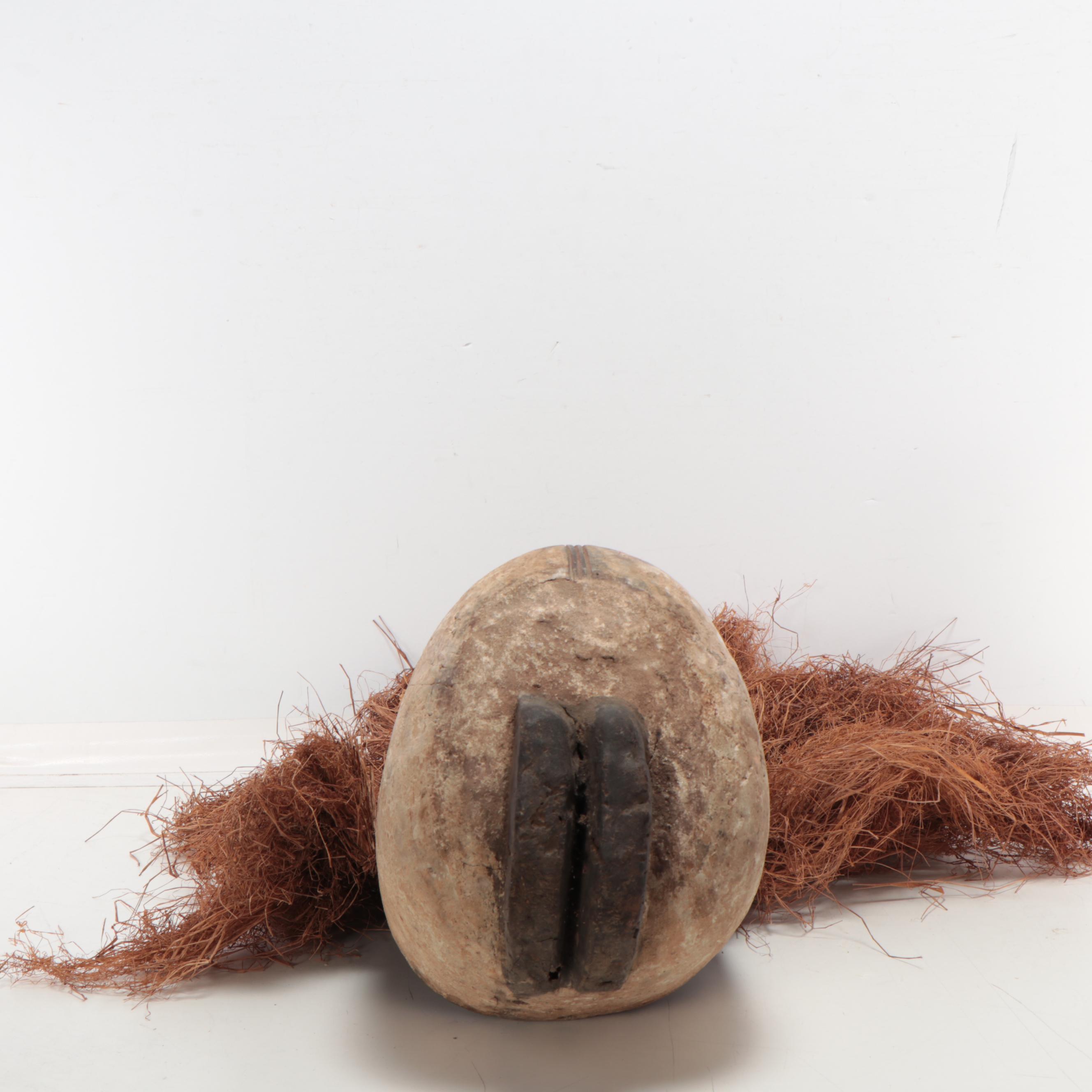 Fang Style Carved Wood Mask With Raffia Collar, Central Africa