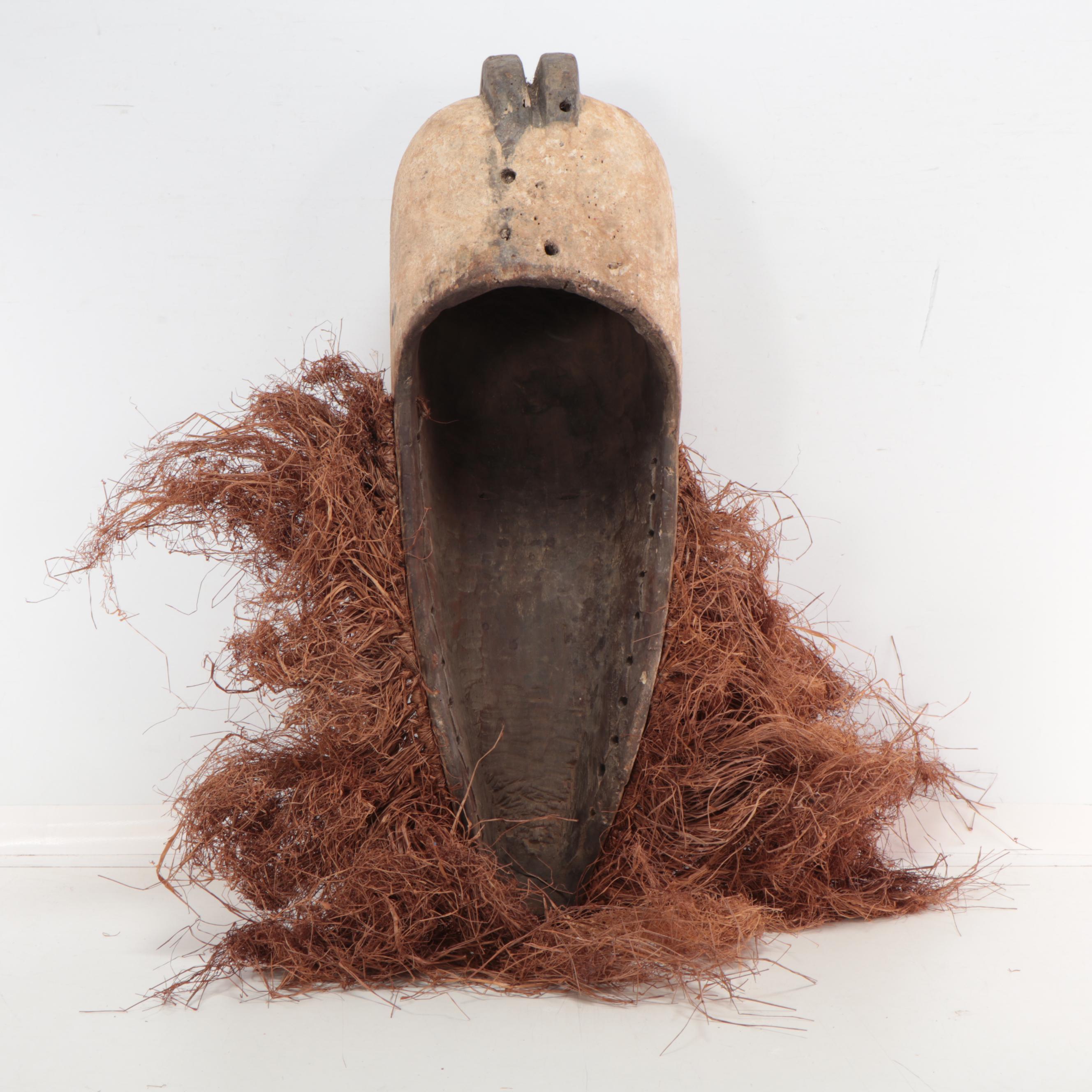 Fang Style Carved Wood Mask With Raffia Collar, Central Africa