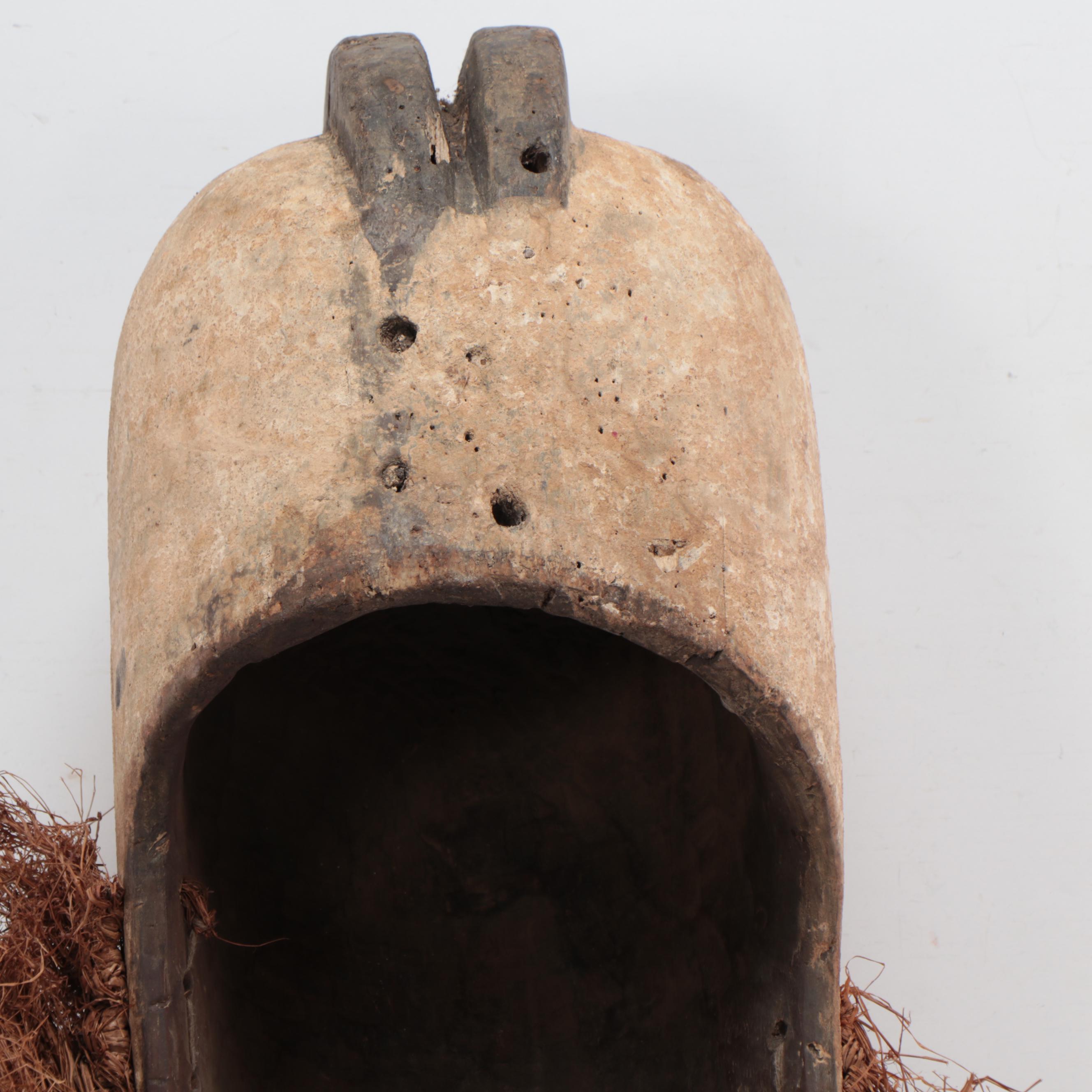 Fang Style Carved Wood Mask With Raffia Collar, Central Africa