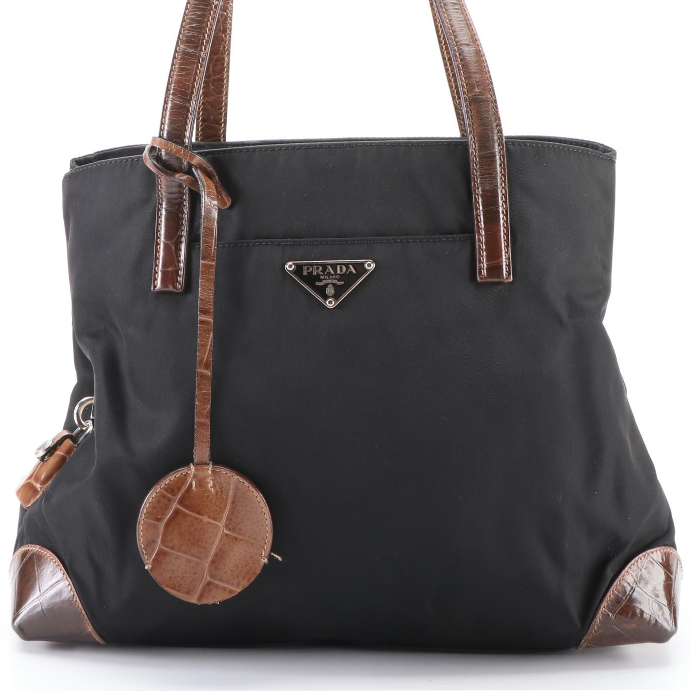 Prada Small Shoulder Bag in Black Nylon Tessuto with Croc-Effect Leather Trim