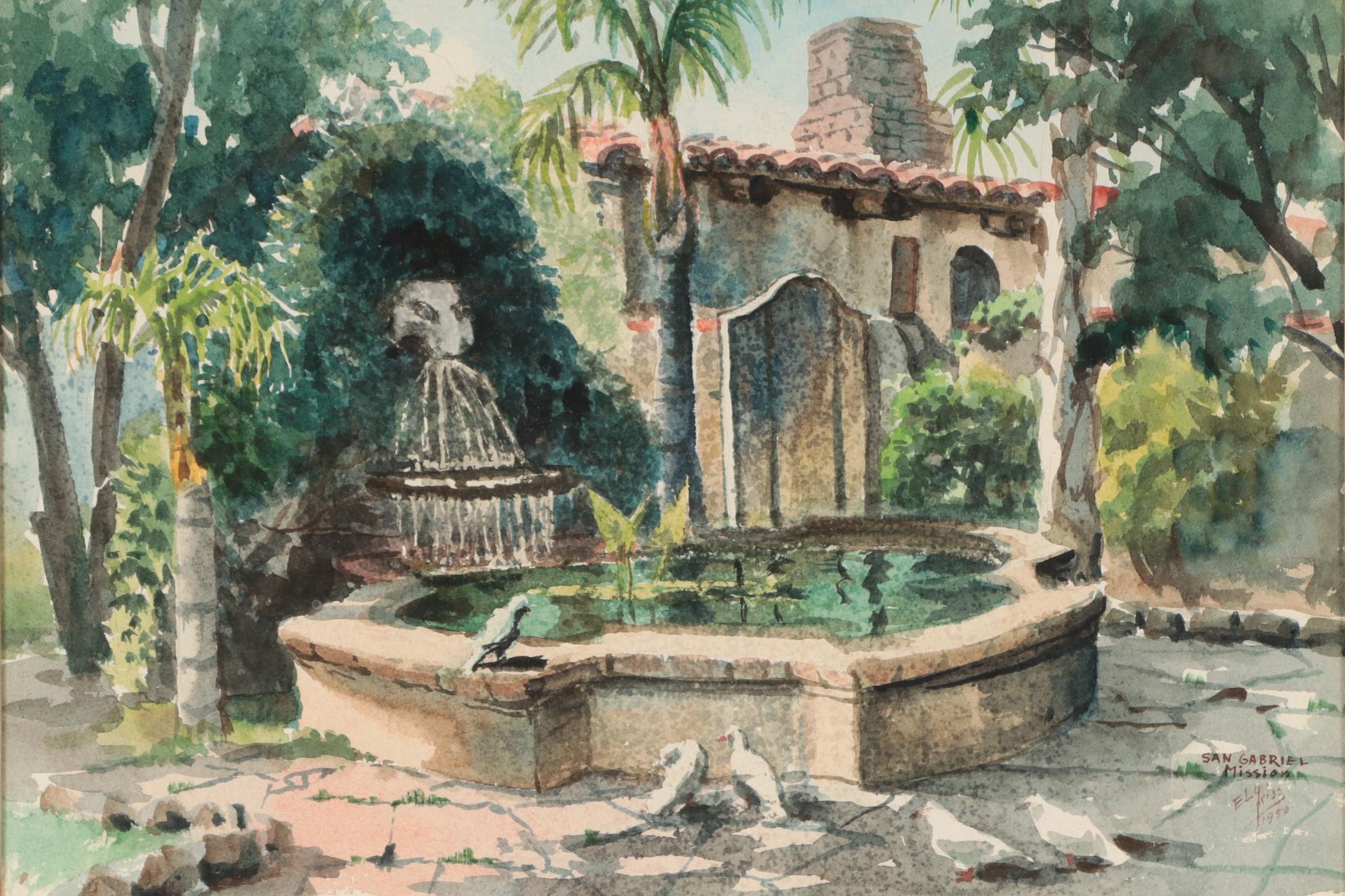 Ely Kish Watercolor Painting "San Gabriel Mission," 1950