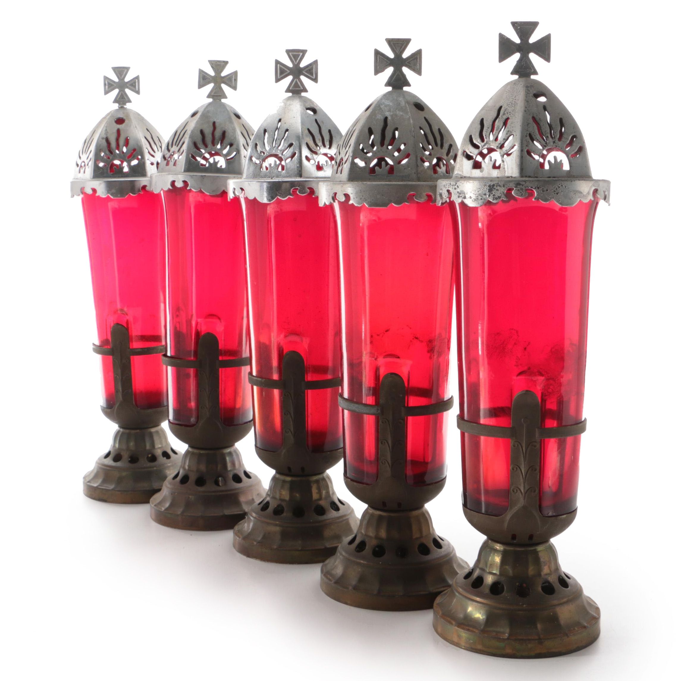 Sanctuary Red Glass and Metal Candleholders, Mid to Late 20th Century
