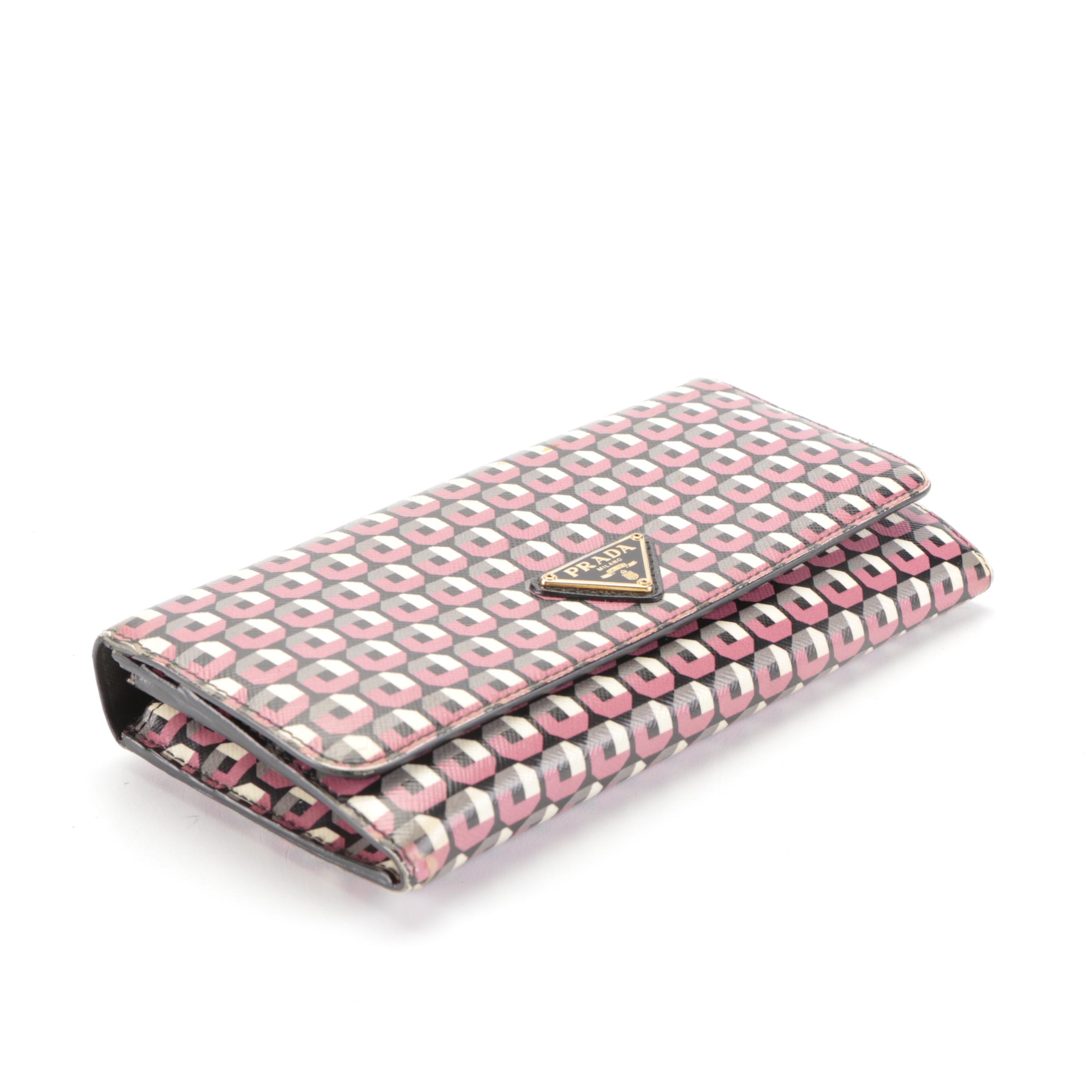 Prada Flap Front Continental Wallet in Calfskin Leather with Card Case and Box