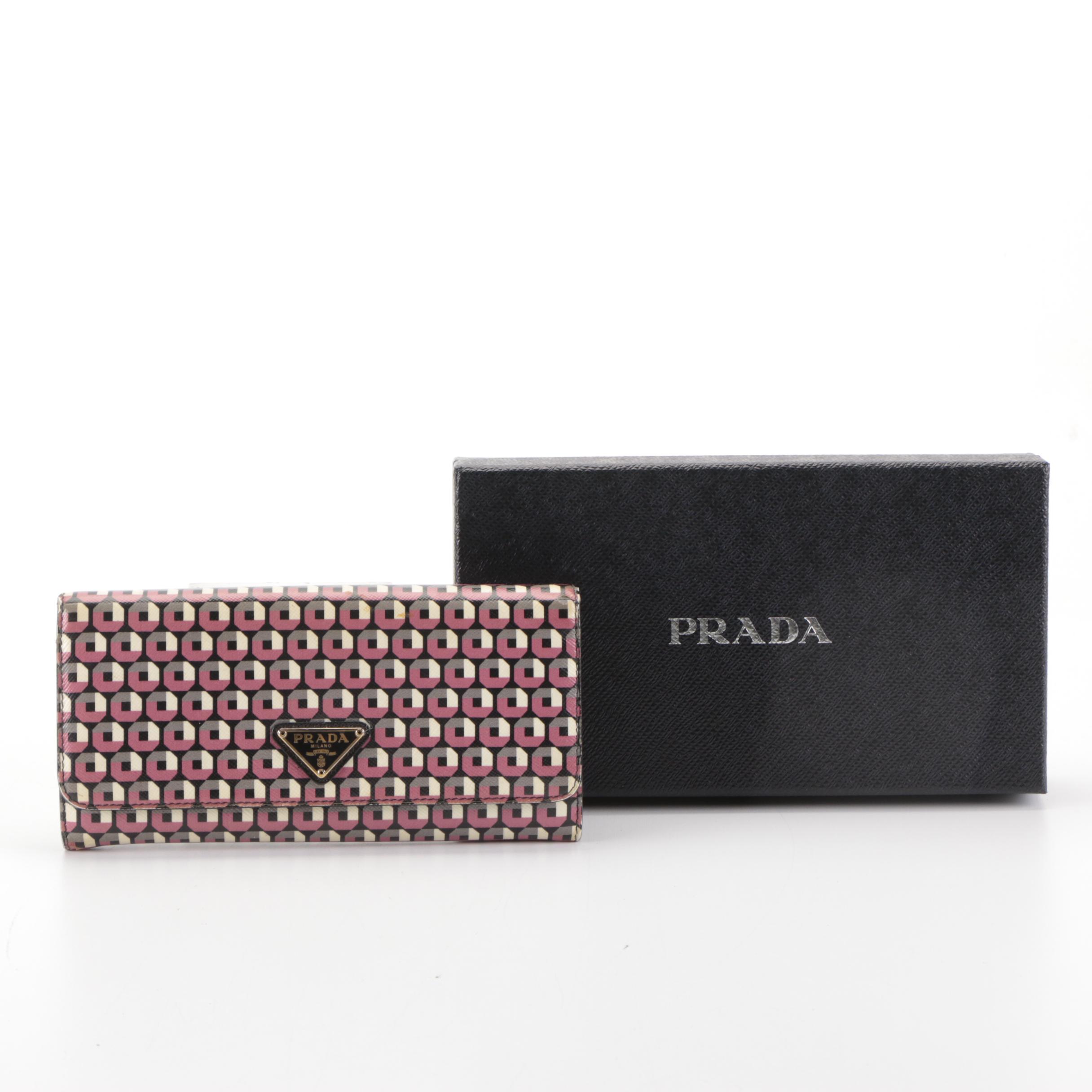 Prada Flap Front Continental Wallet in Calfskin Leather with Card Case and Box