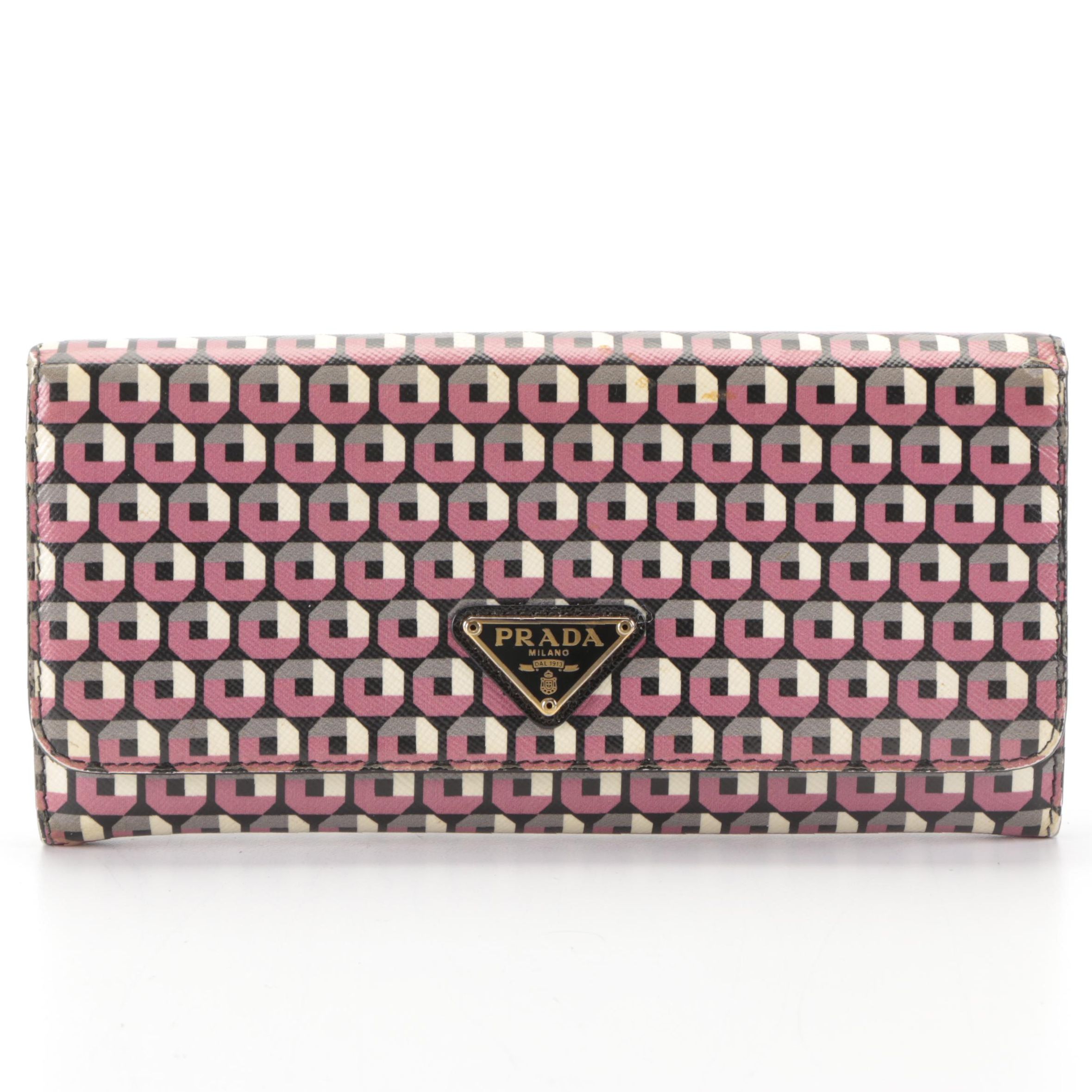 Prada Flap Front Continental Wallet in Calfskin Leather with Card Case and Box