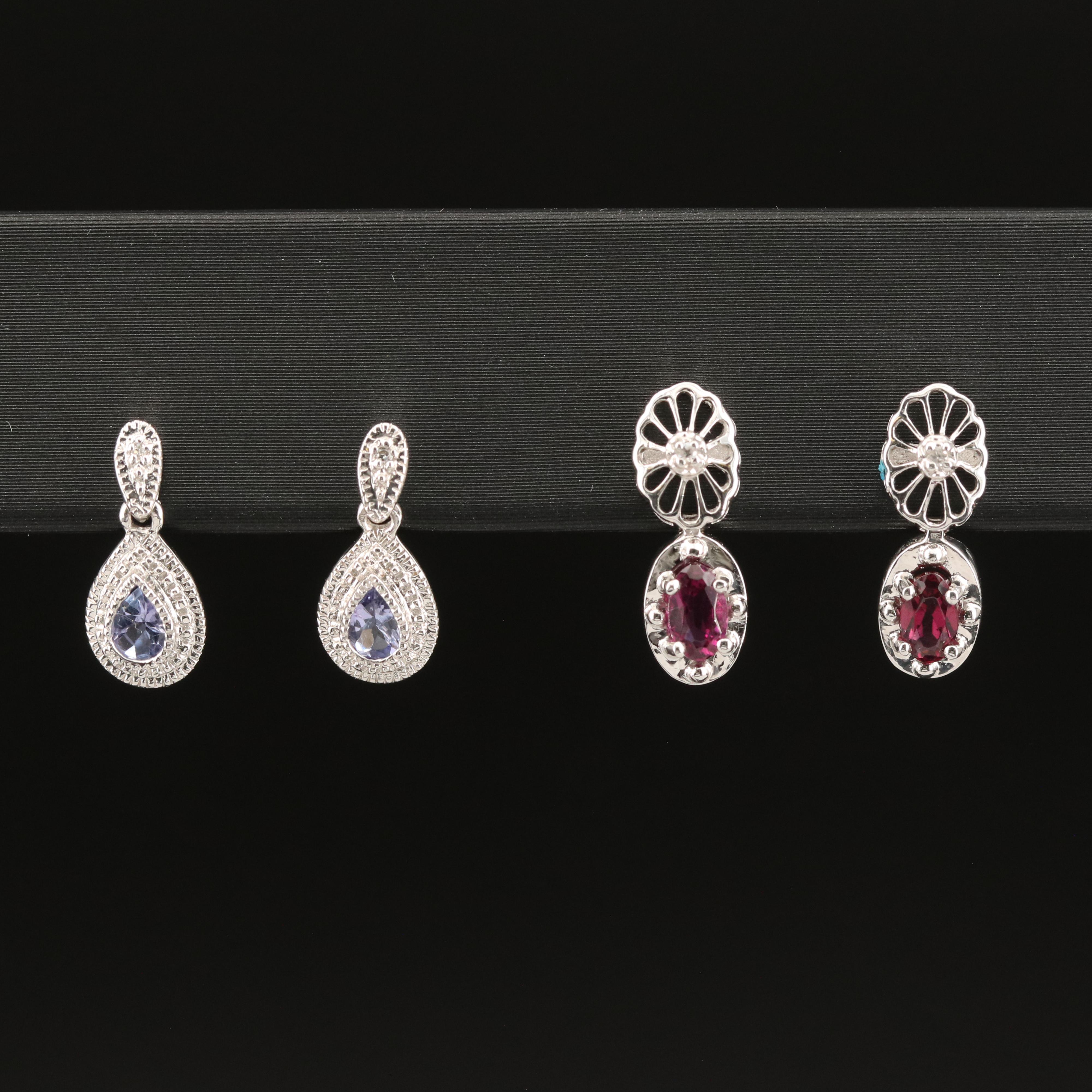 Platinum Rhodolite Garnet, Diamond Earrings and 10K Tanzanite, Diamond Earrings