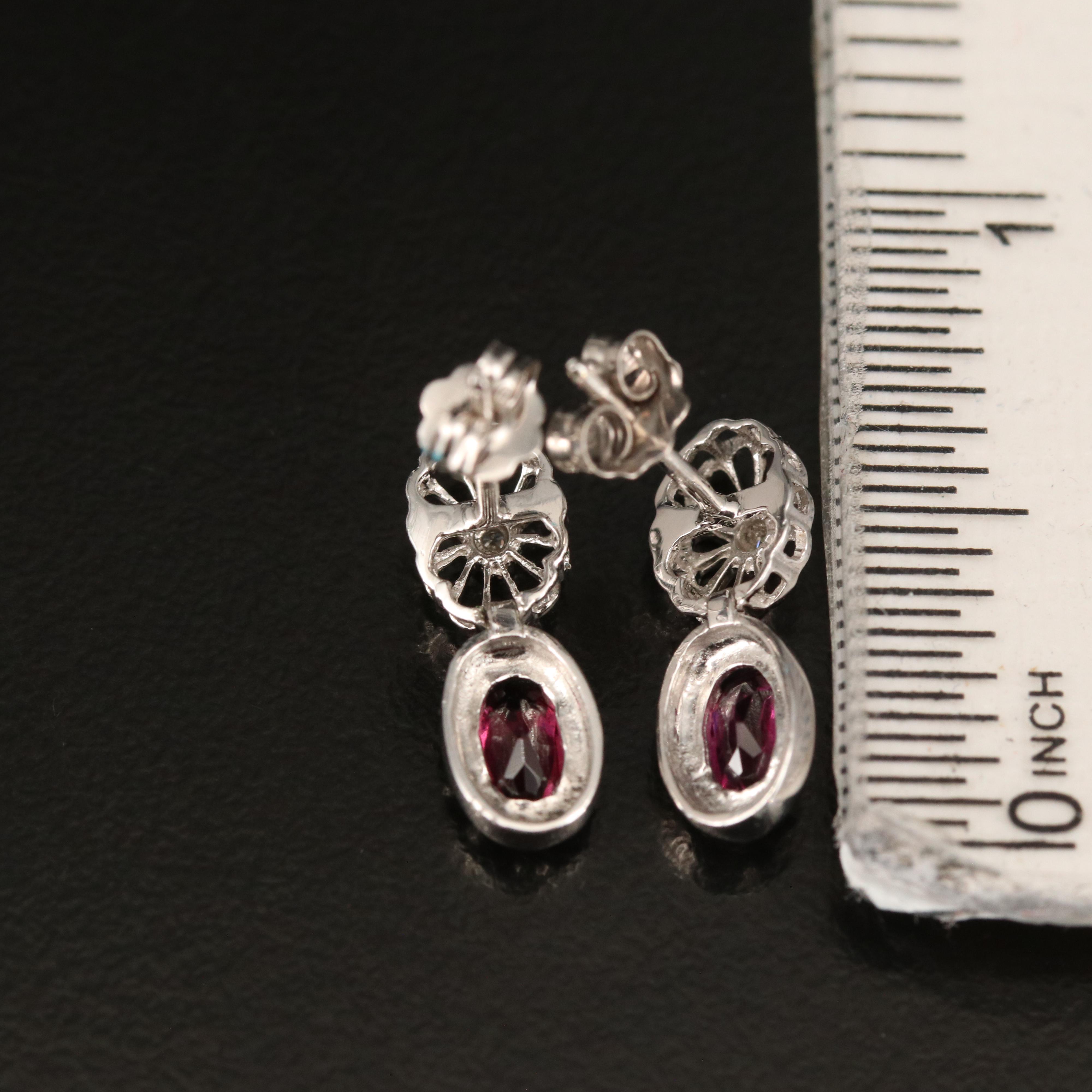 Platinum Rhodolite Garnet, Diamond Earrings and 10K Tanzanite, Diamond Earrings