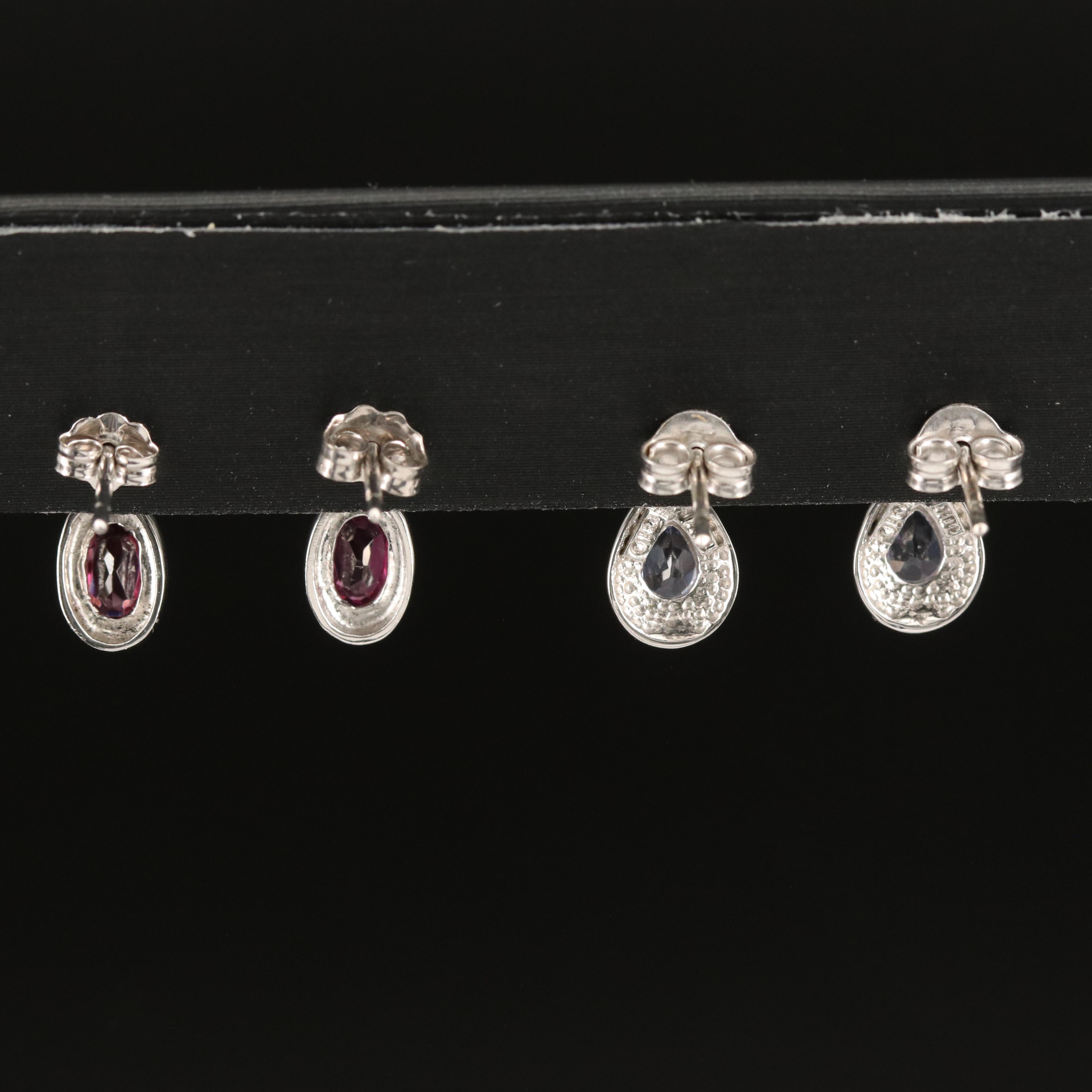 Platinum Rhodolite Garnet, Diamond Earrings and 10K Tanzanite, Diamond Earrings