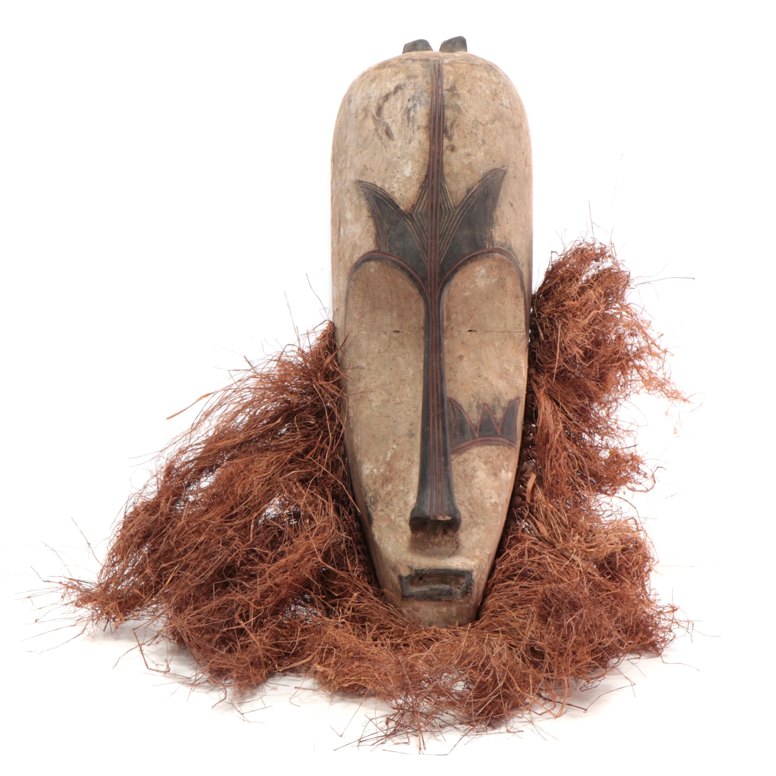Fang Style Carved Wood Mask With Raffia Collar, Central Africa