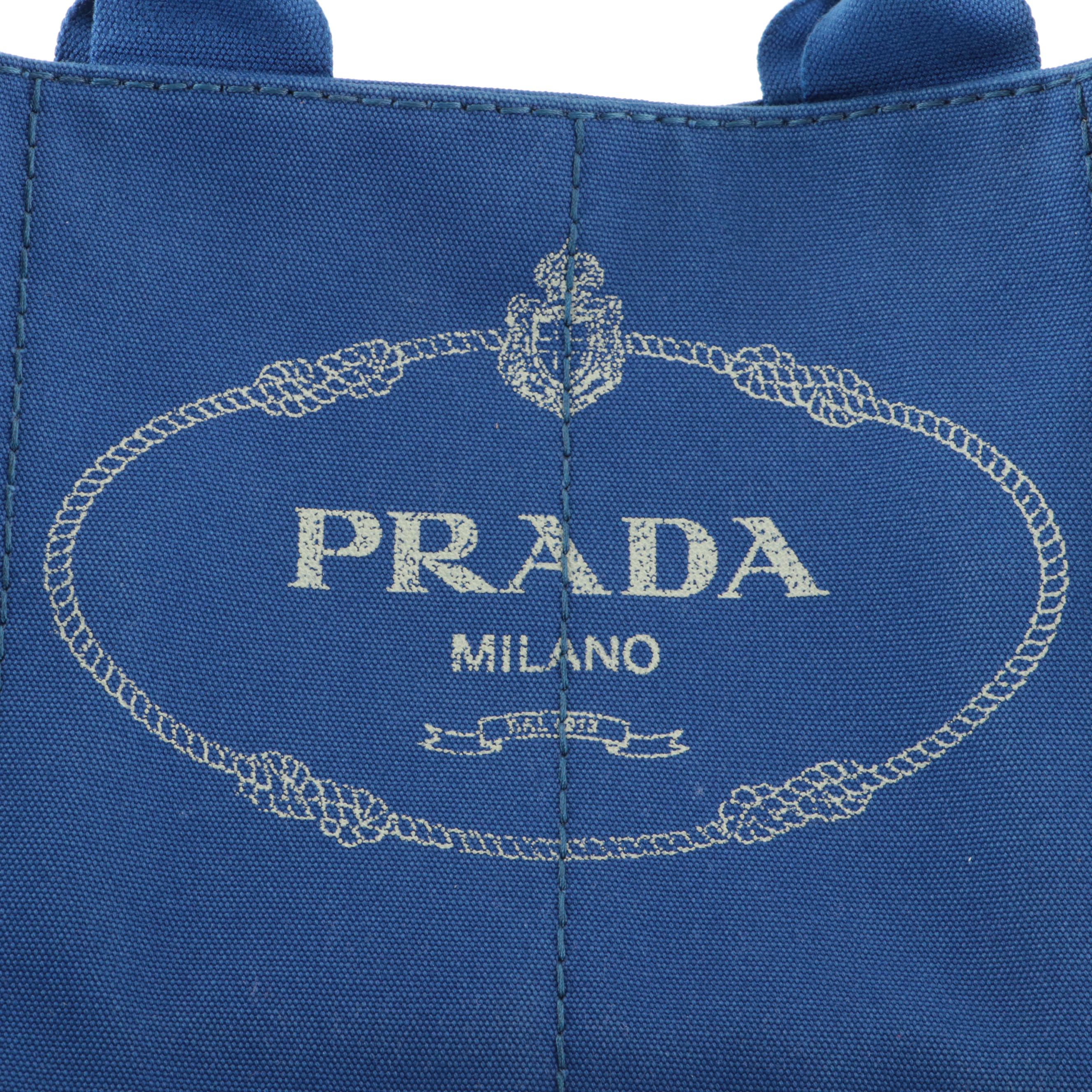 Prada Silkscreen Logo Canapa Canvas Tote Bag in Cobalt Blue