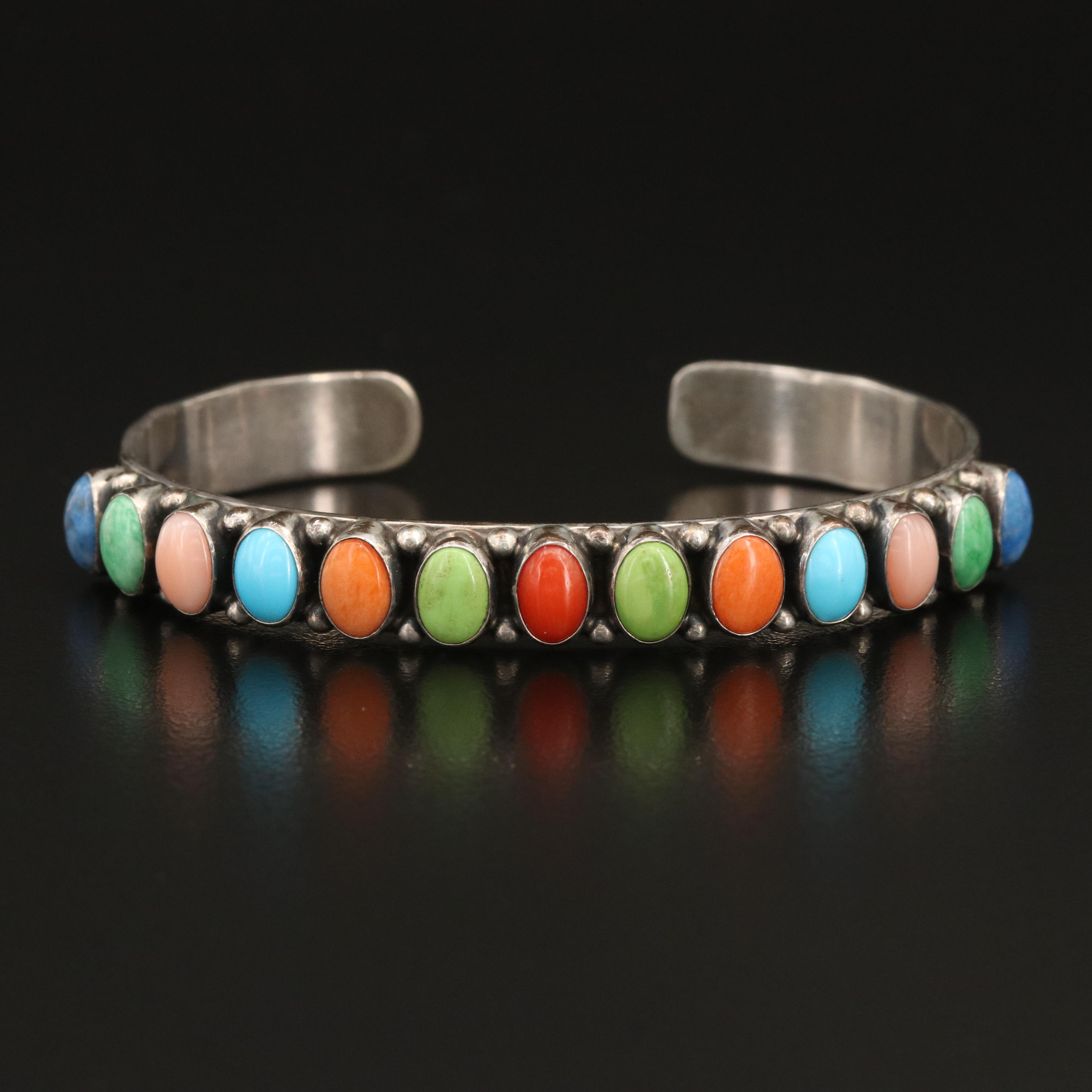 Don Lucas Sterling Cuff Including Coral, Gaspeite and Lapis Lazuli