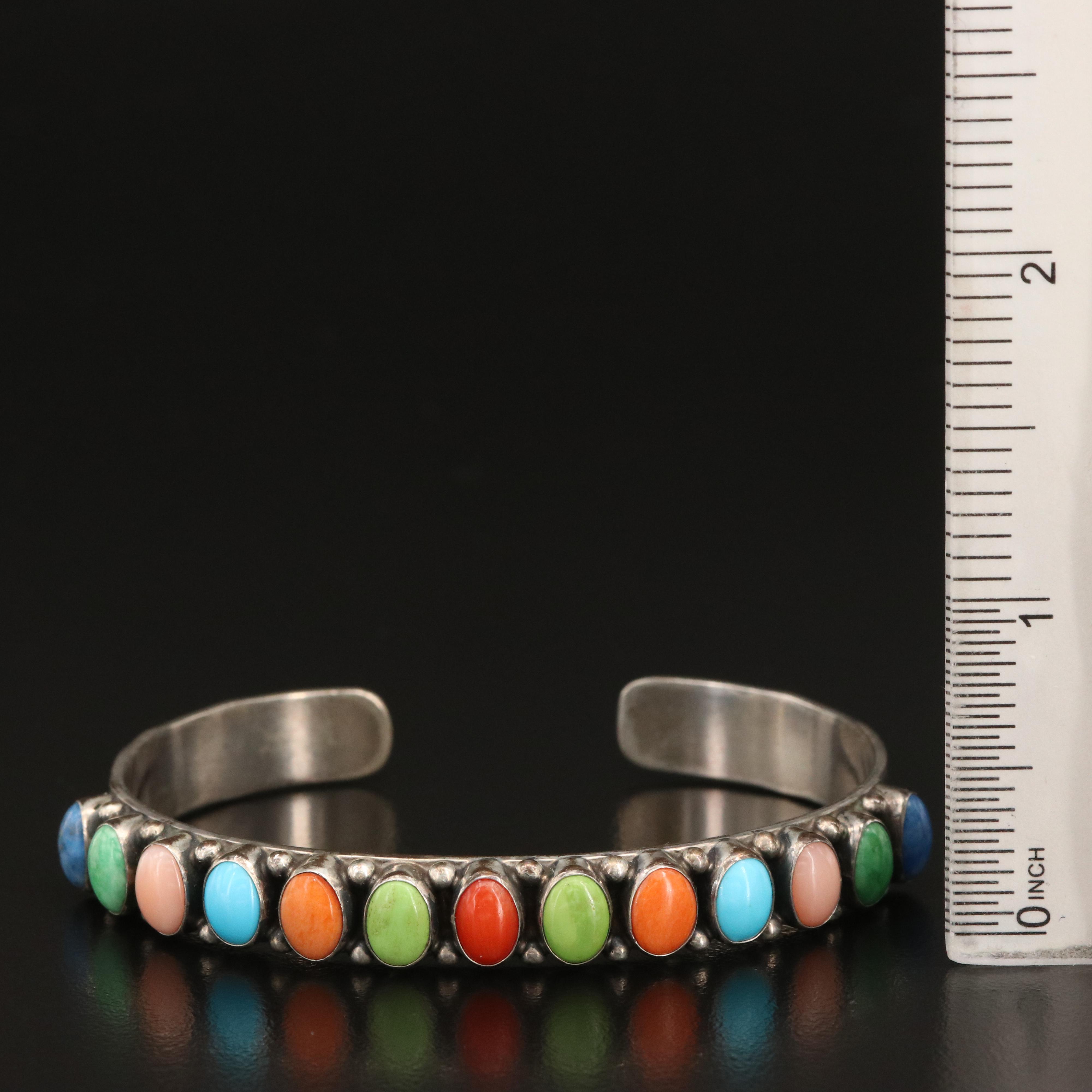 Don Lucas Sterling Cuff Including Coral, Gaspeite and Lapis Lazuli