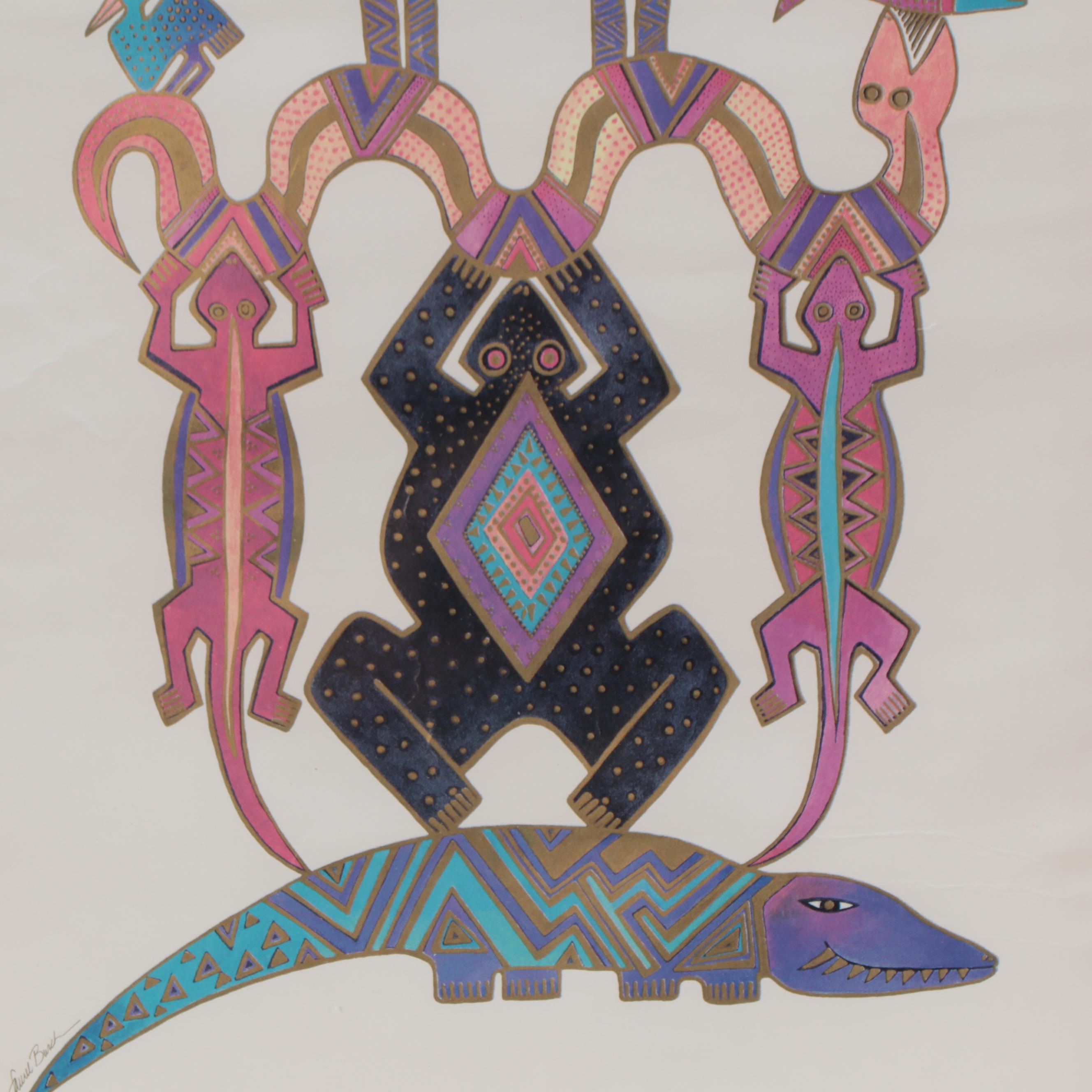 Laurel Burch Studios Offset Lithograph of Stylized Animals, 21st Century