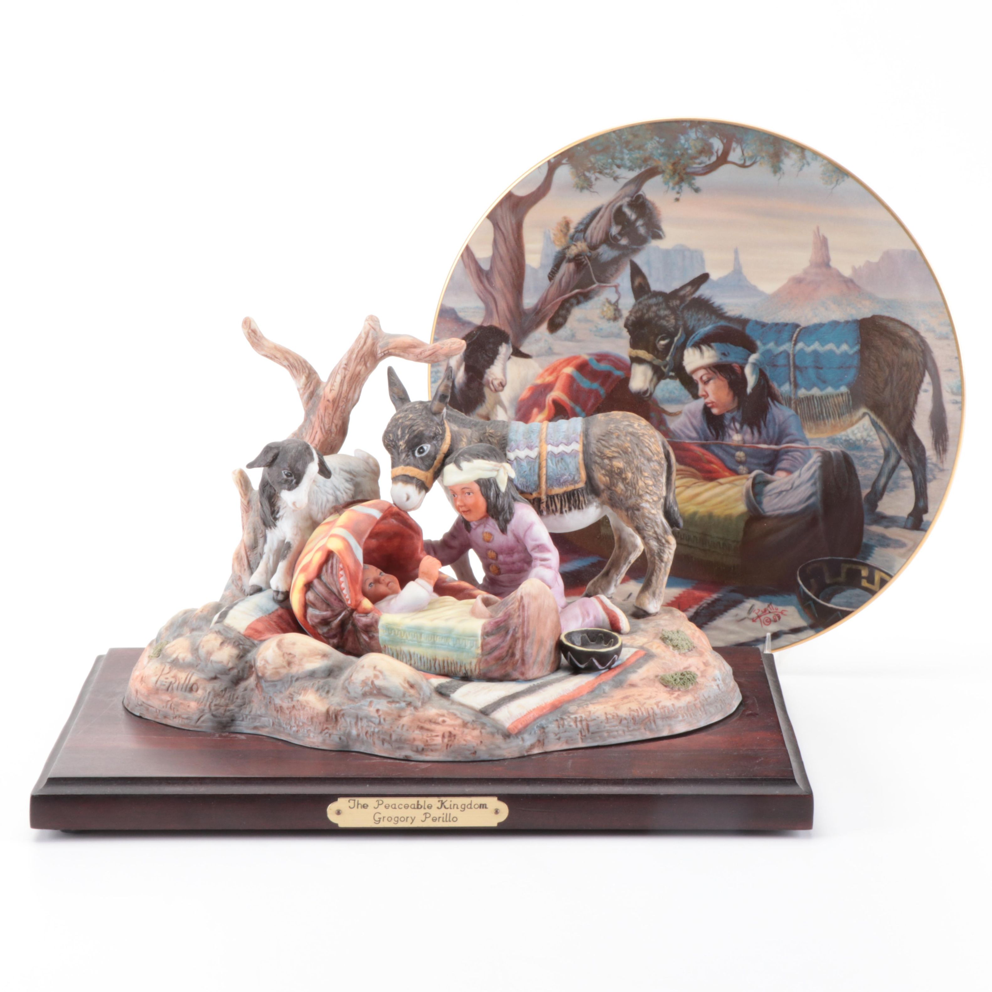 Gregory Perillo "The Peaceable Kingdom" Ceramic Figurine and Ceramic Plate