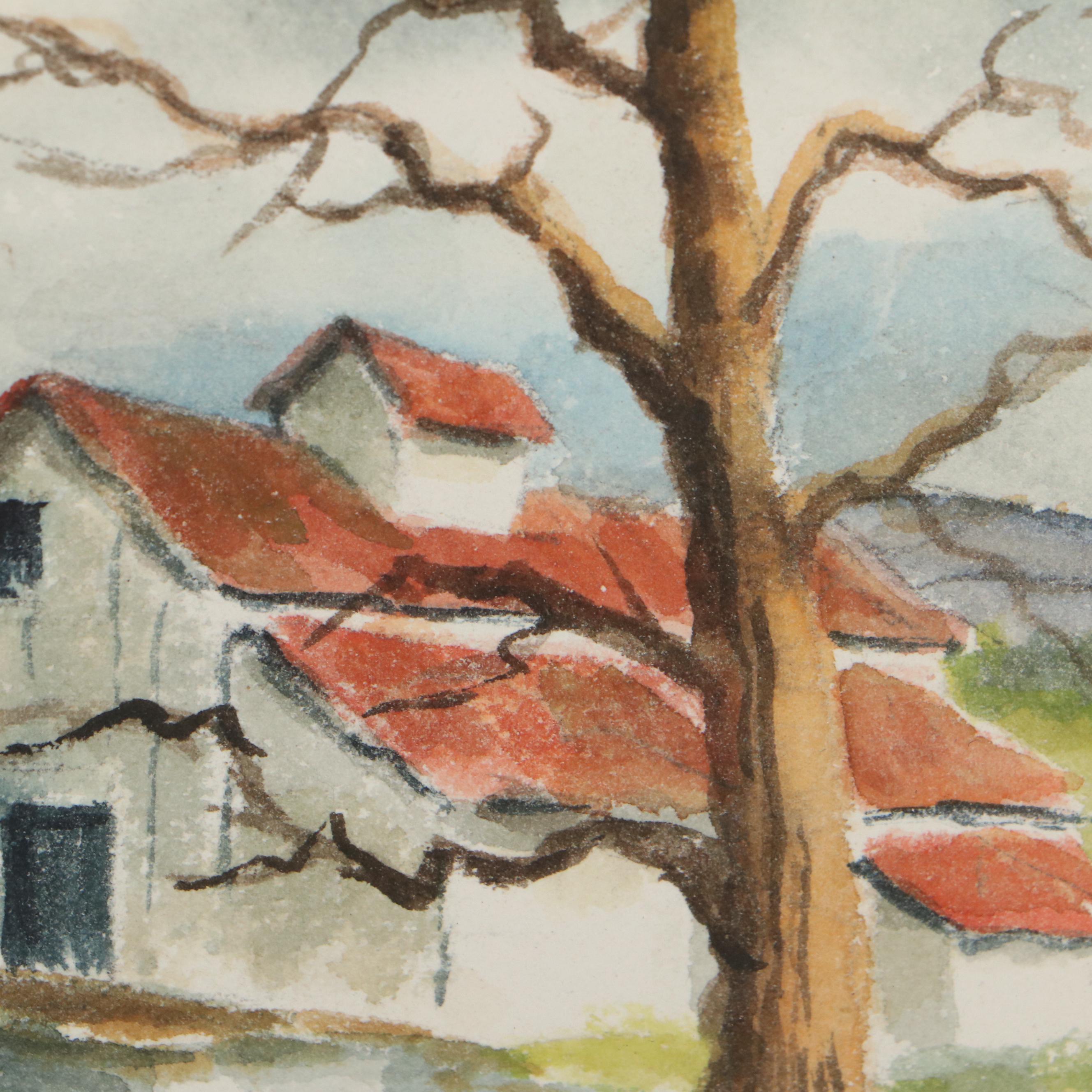 Fremont Ellis Watercolor Painting of Barnyard, Late 20th Century